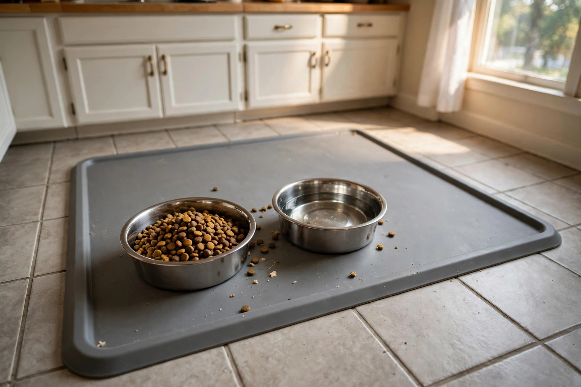 best pet food mat for messy eaters floor under pet bowls in a kitchen