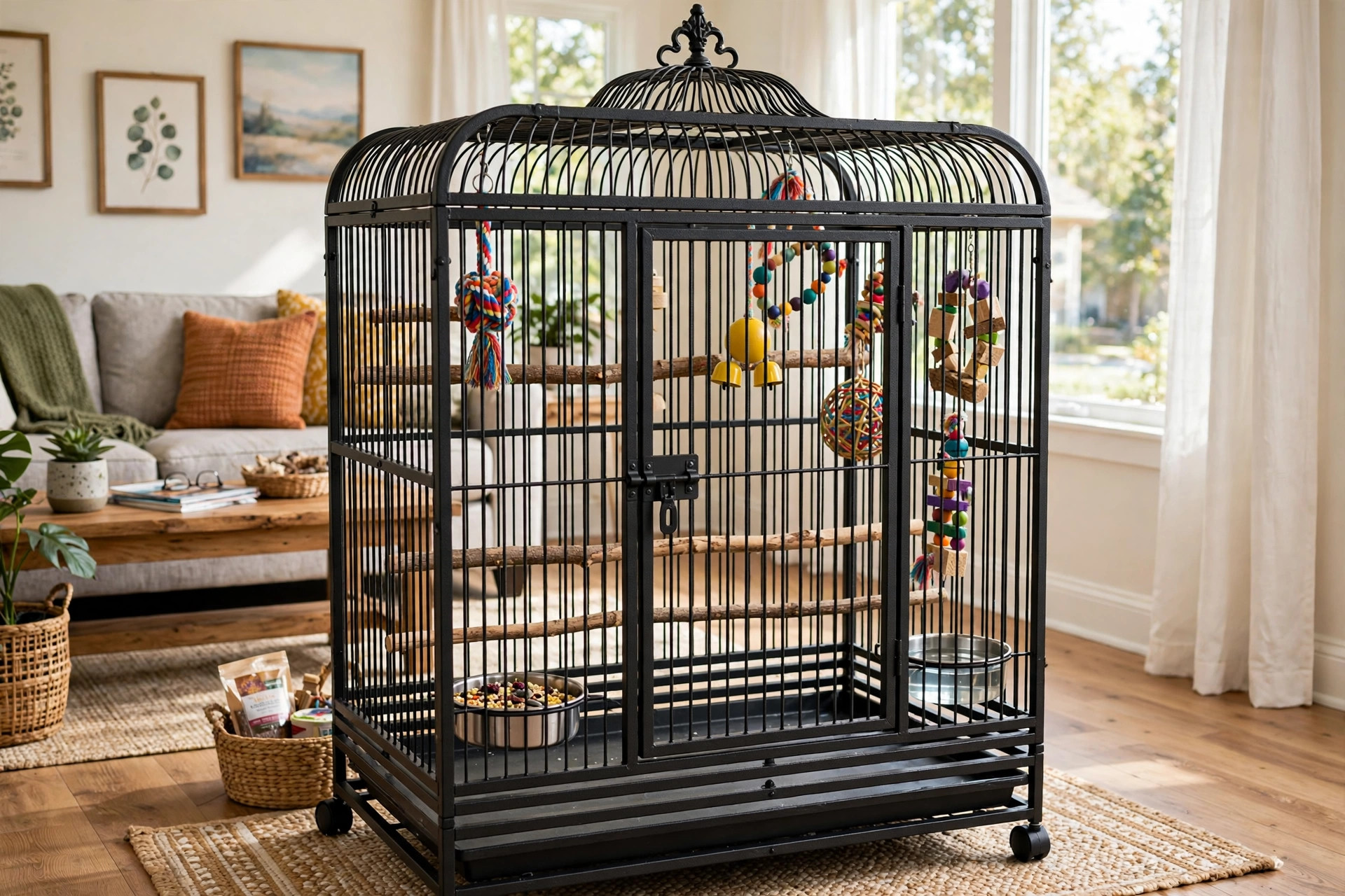 bird cage large for parrots and conures: A large bird cage for parrots and conures in a bright living room