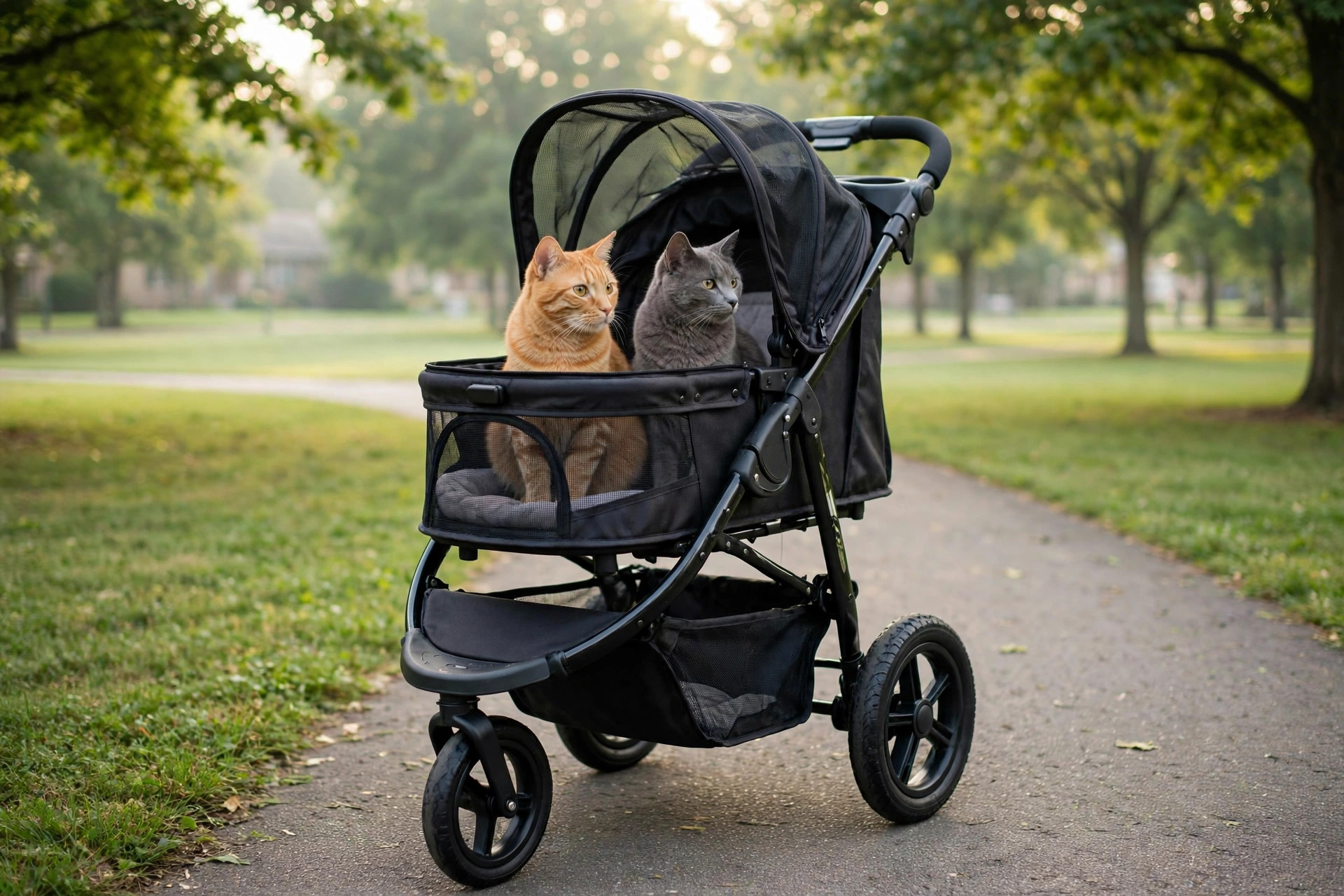 Two cats riding in a cat stroller for two cats jogging walks on a park path