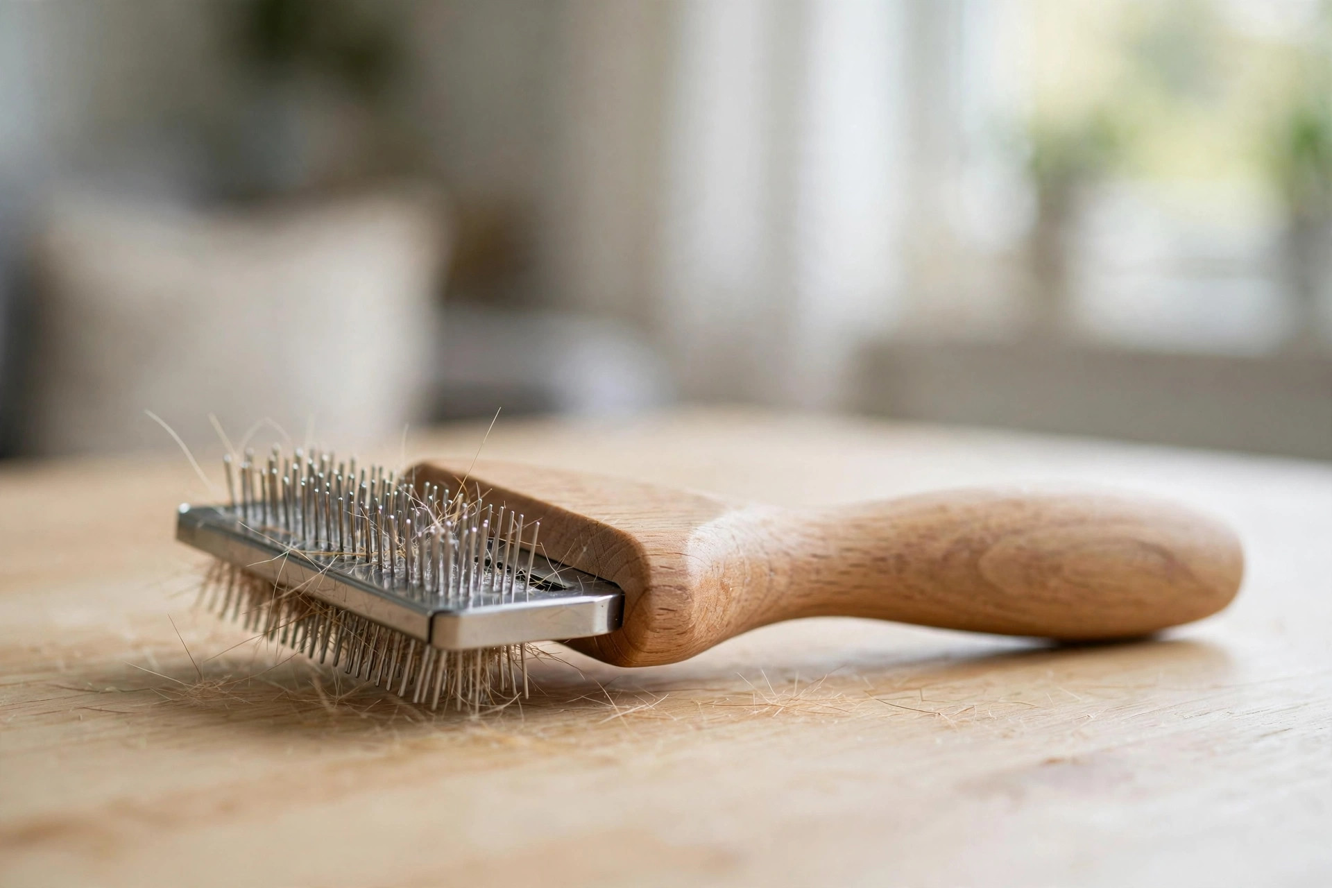best dog brush for short hair deshedding: A deshedding brush for short-haired dogs on a wooden table