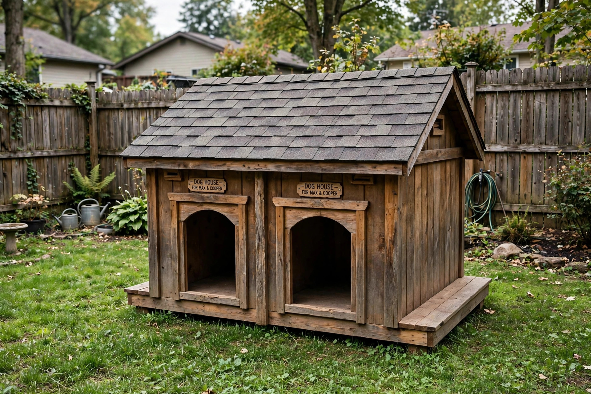 Outdoor dog house for two large dogs in a backyard