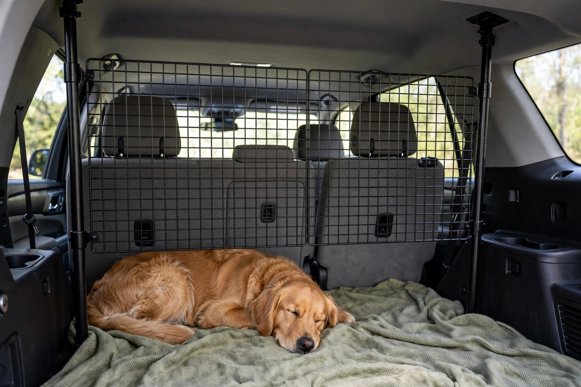 dog car barrier for suv cargo area safety: Dog car barrier installed behind the back seat of an SUV cargo area