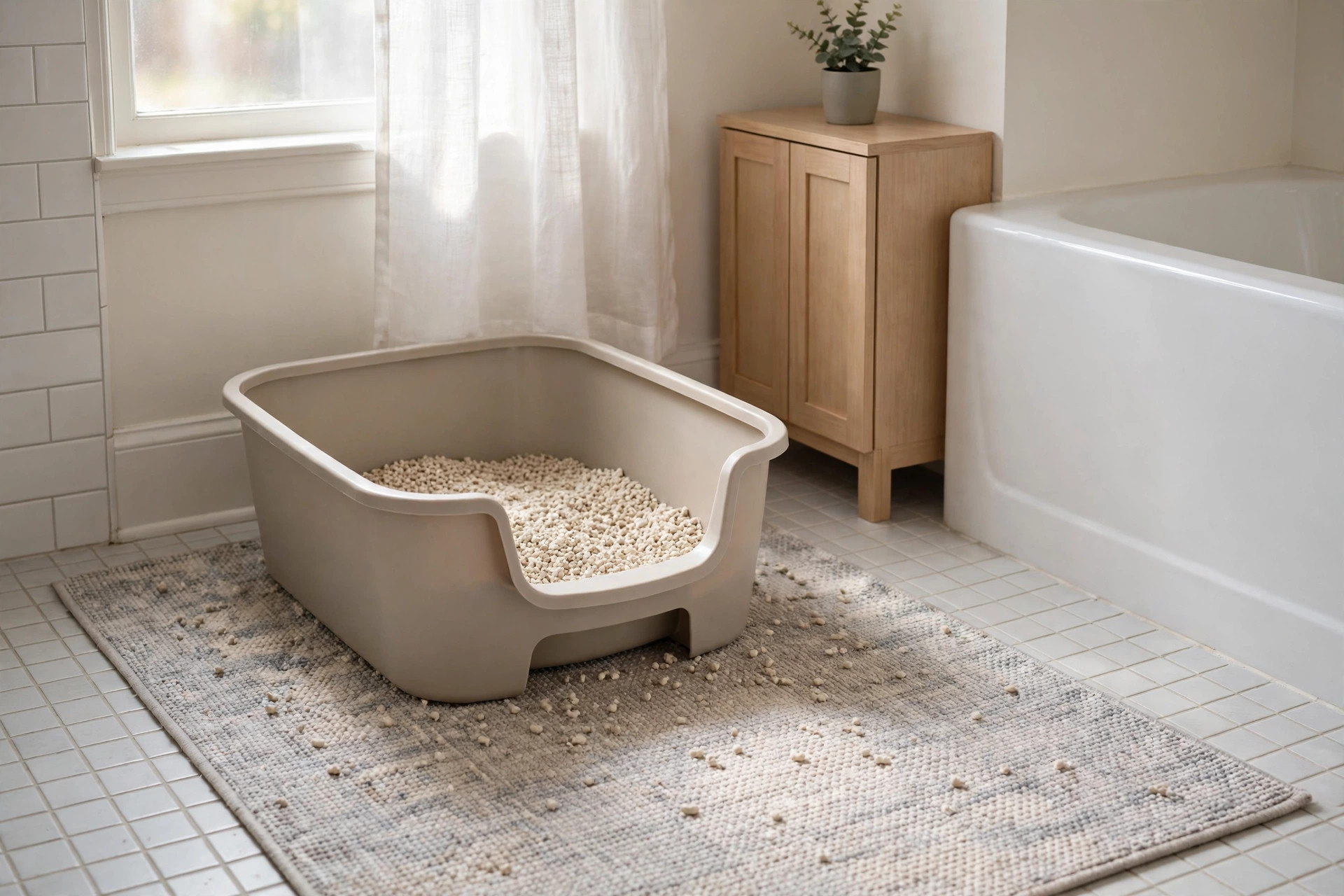 Best litter box for senior cats low entry in a home bathroom