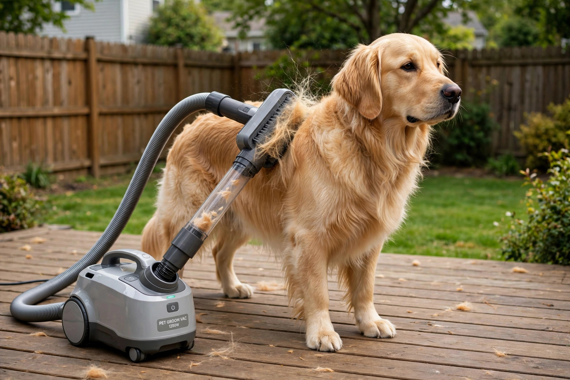 Pet grooming vacuum kit for shedding dogs being used on a golden retriever on a patio