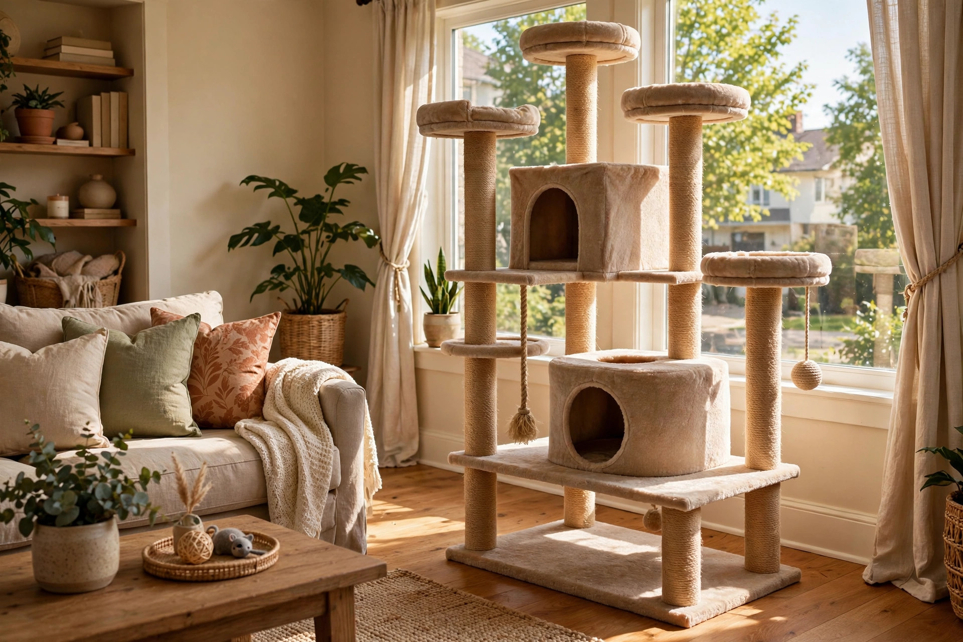 cat tree condo for multiple cats large: Large cat tree condo for multiple cats in a living room