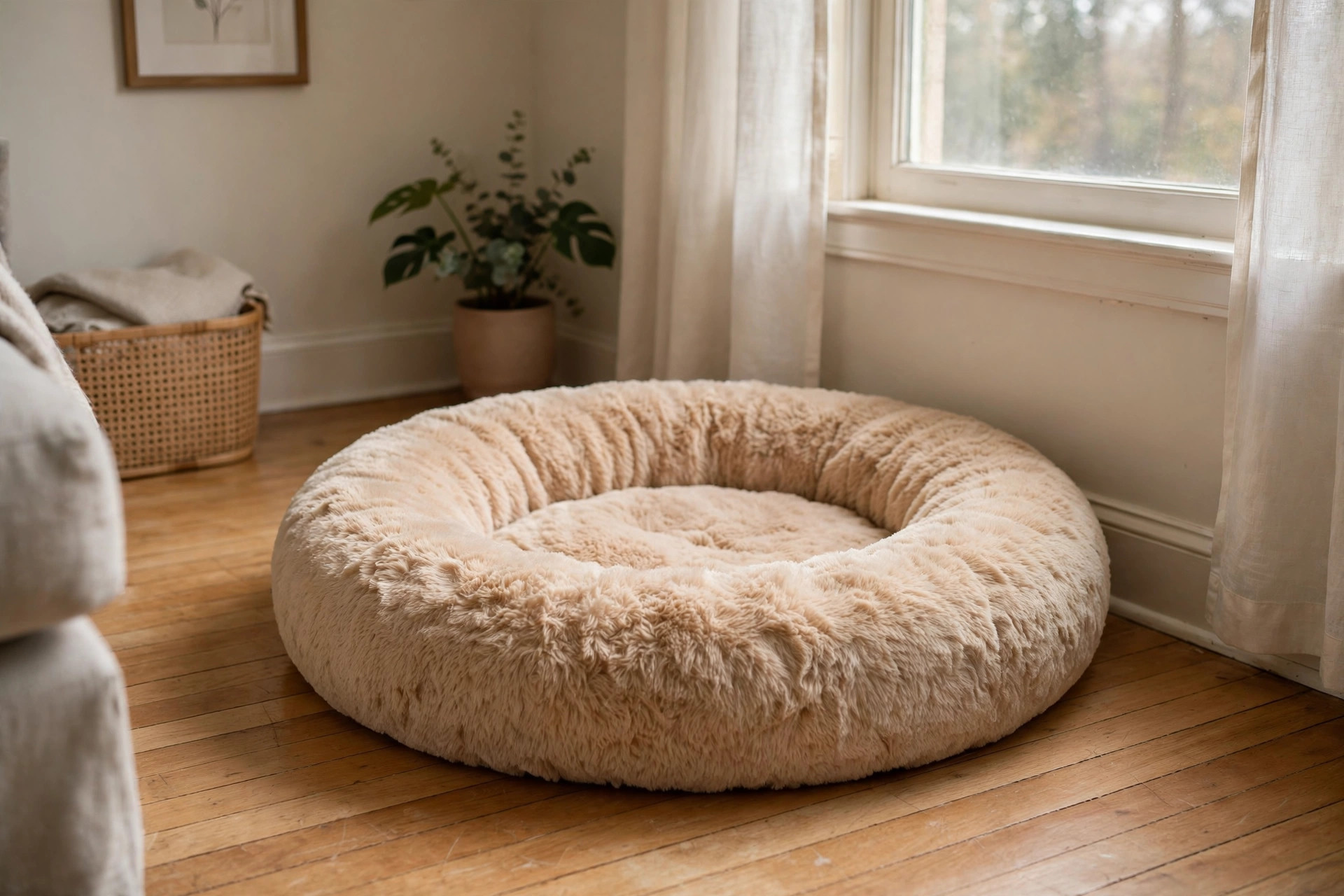 A round plush calming dog bed in a quiet living room corner, the best calming bed for anxious rescue dogs