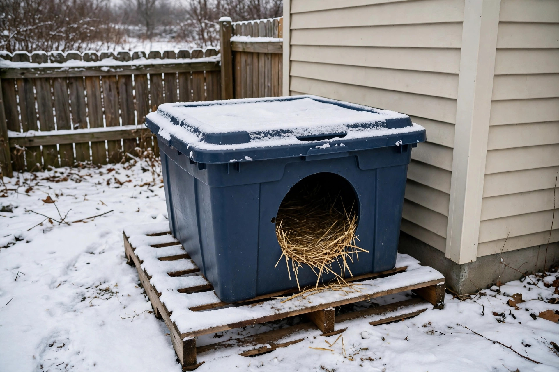 An outdoor cat shelter for stray cats winter USA setup in a snowy backyard