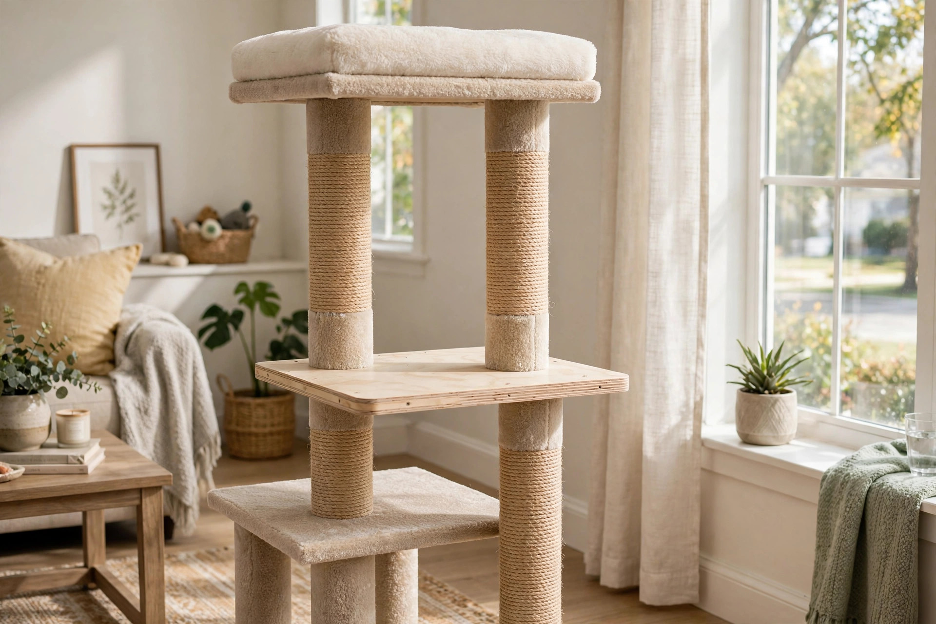 best cat tree replacement parts and perches: Tall beige cat tree with replacement perch and sisal posts in a living room
