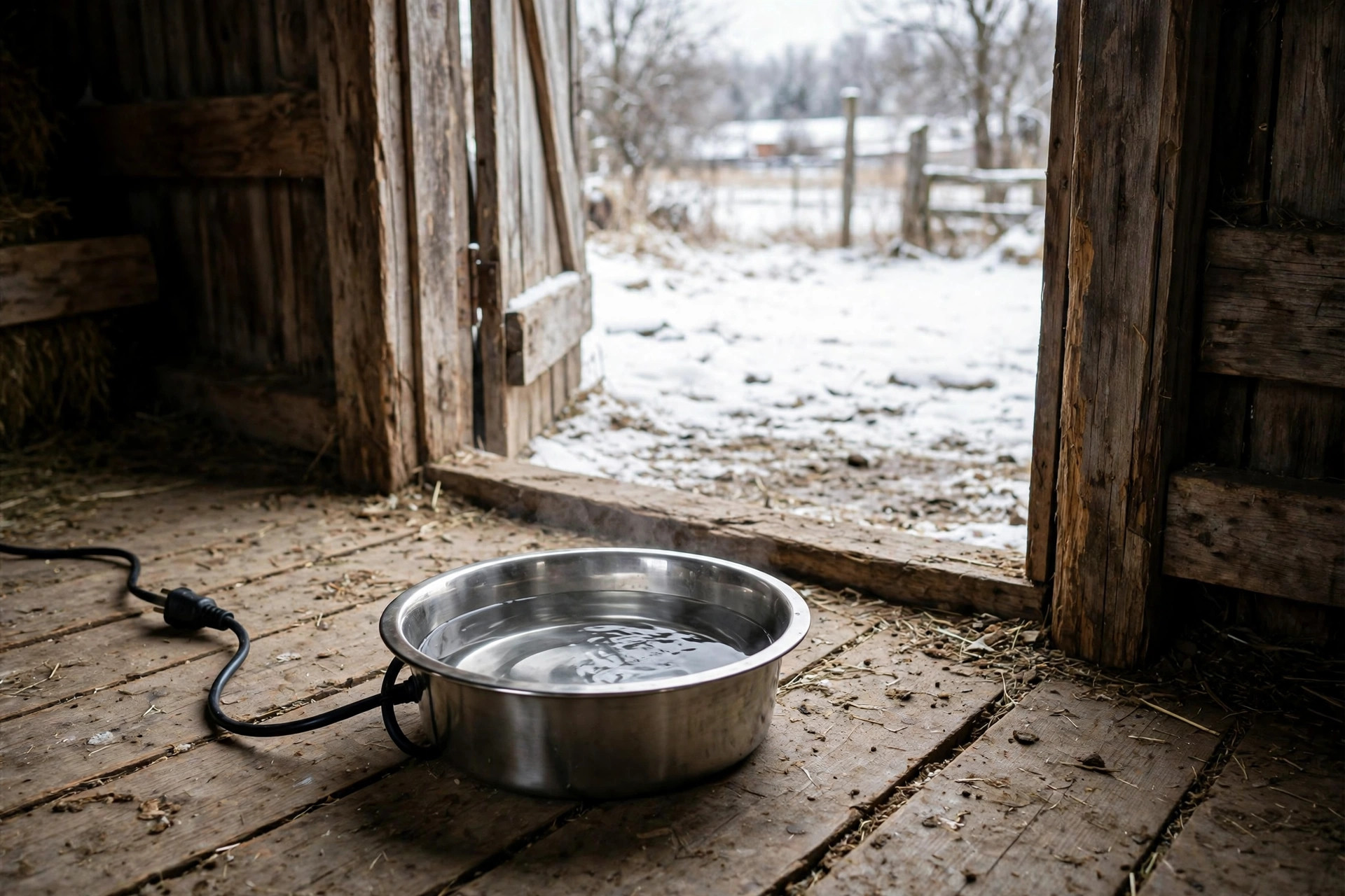 Heated water dish for outdoor barn cats sitting in a snowy barn doorway
