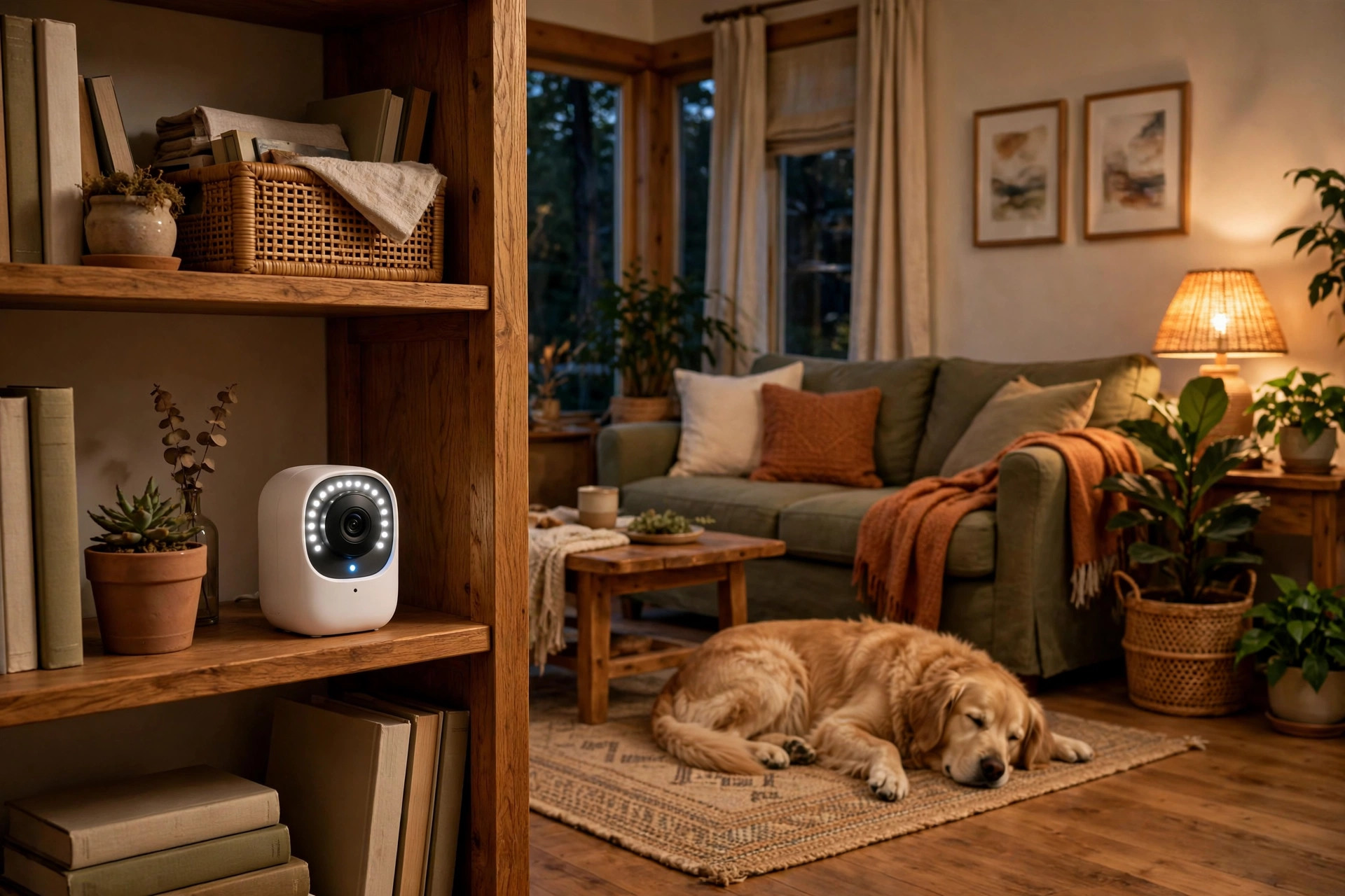 best pet camera with night vision audio: A pet camera with night vision audio on a shelf in an American living room