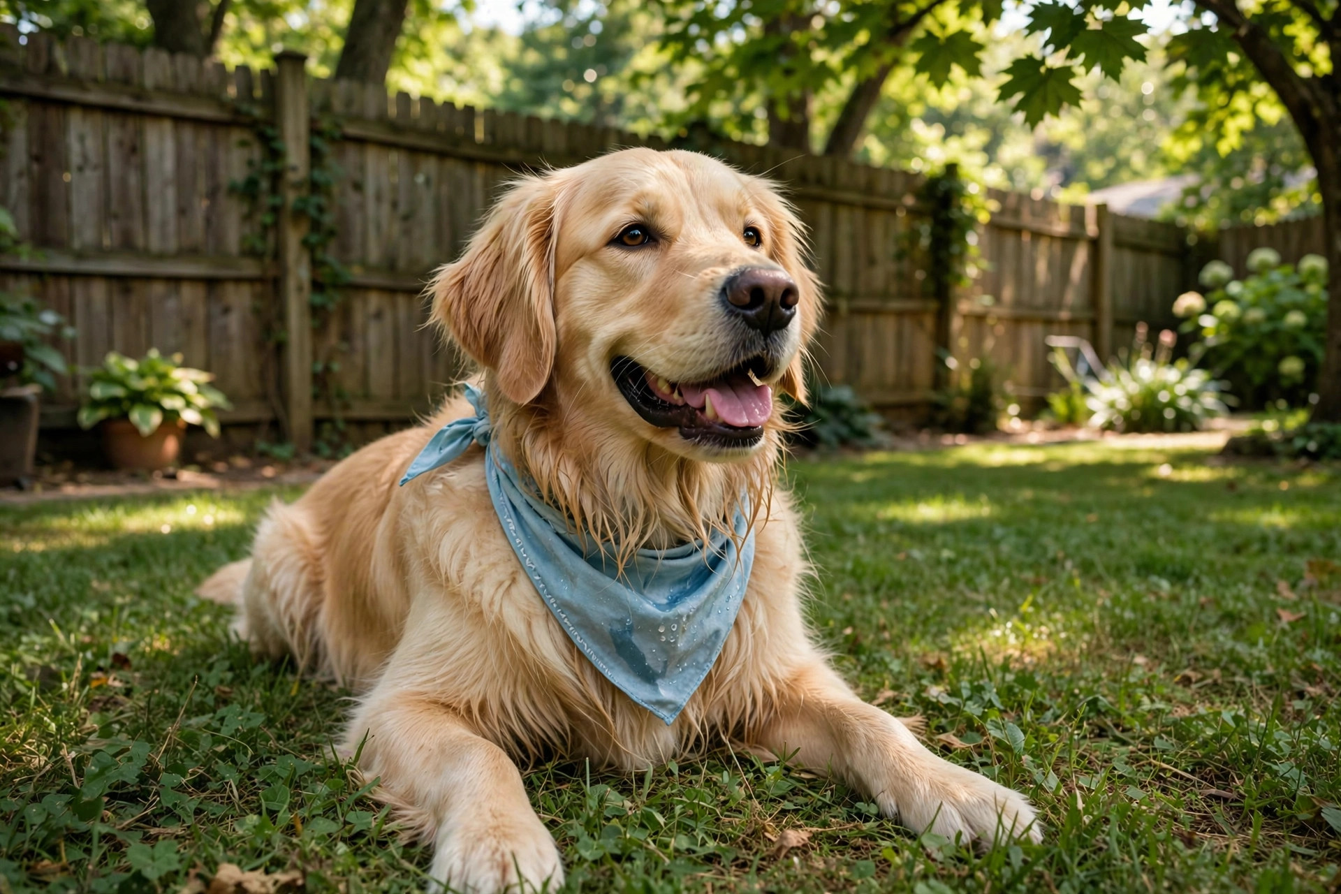 dog cooling bandana for summer heat relief on a dog in a backyard