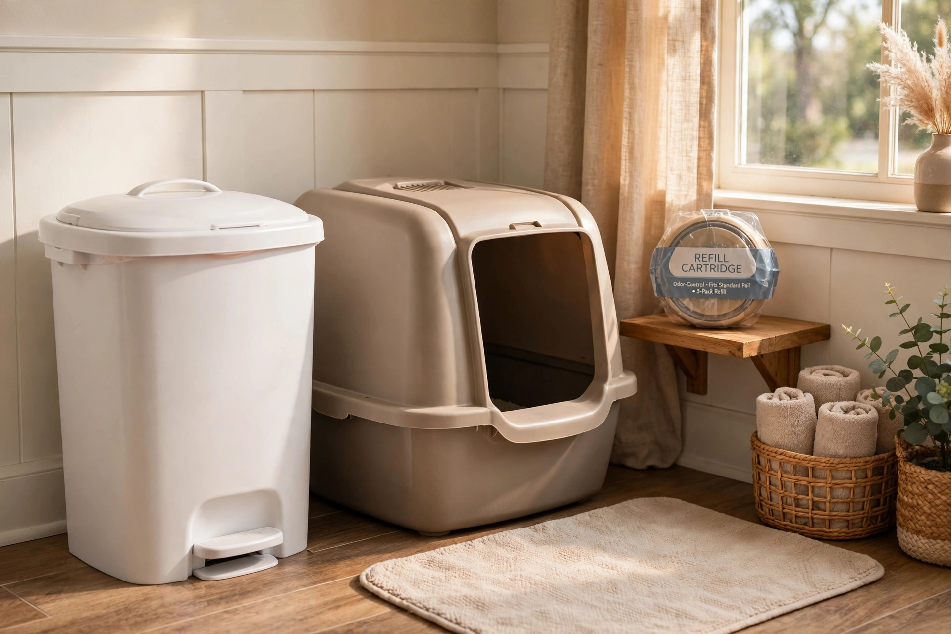 best litter genie refill for odor control usa: Clean litter box corner with the best Litter Genie refill for odor control in an American home