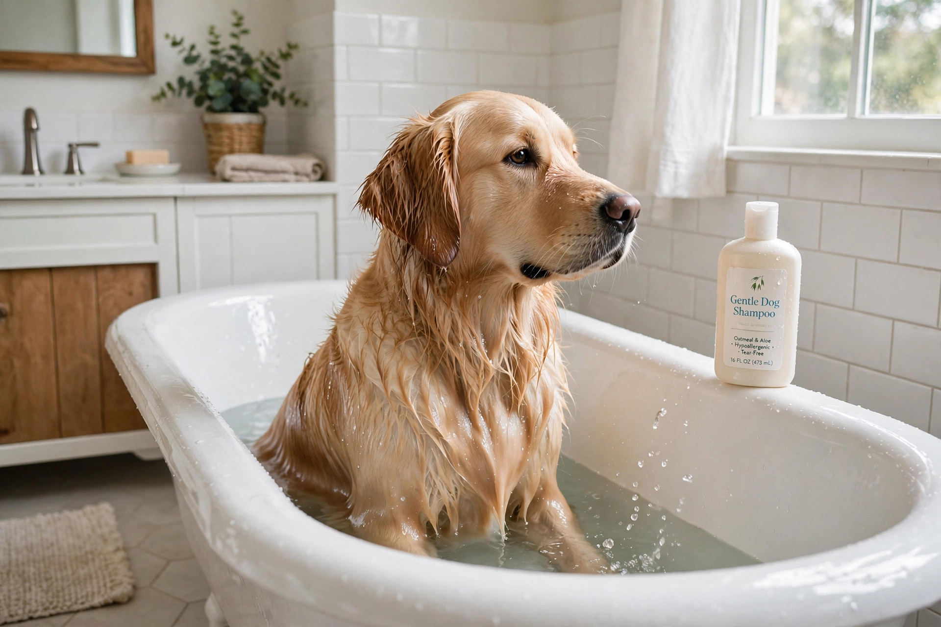 Golden retriever in a bathtub, a gentle dog shampoo bottle beside it, showing the best dog shampoo for dry flaky skin relief