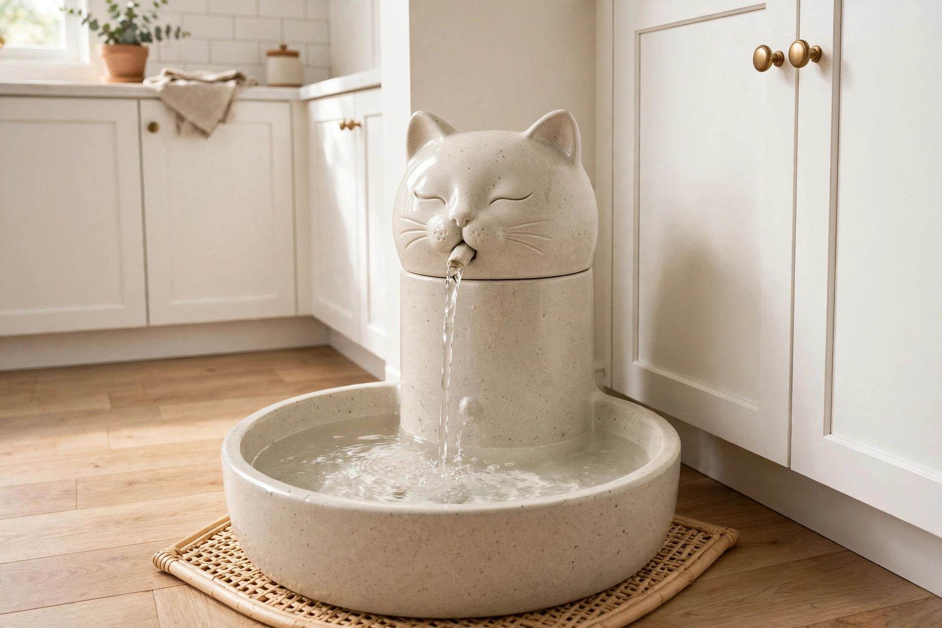 A ceramic cat water bowl fountain combo for hydration with flowing water in a bright home kitchen