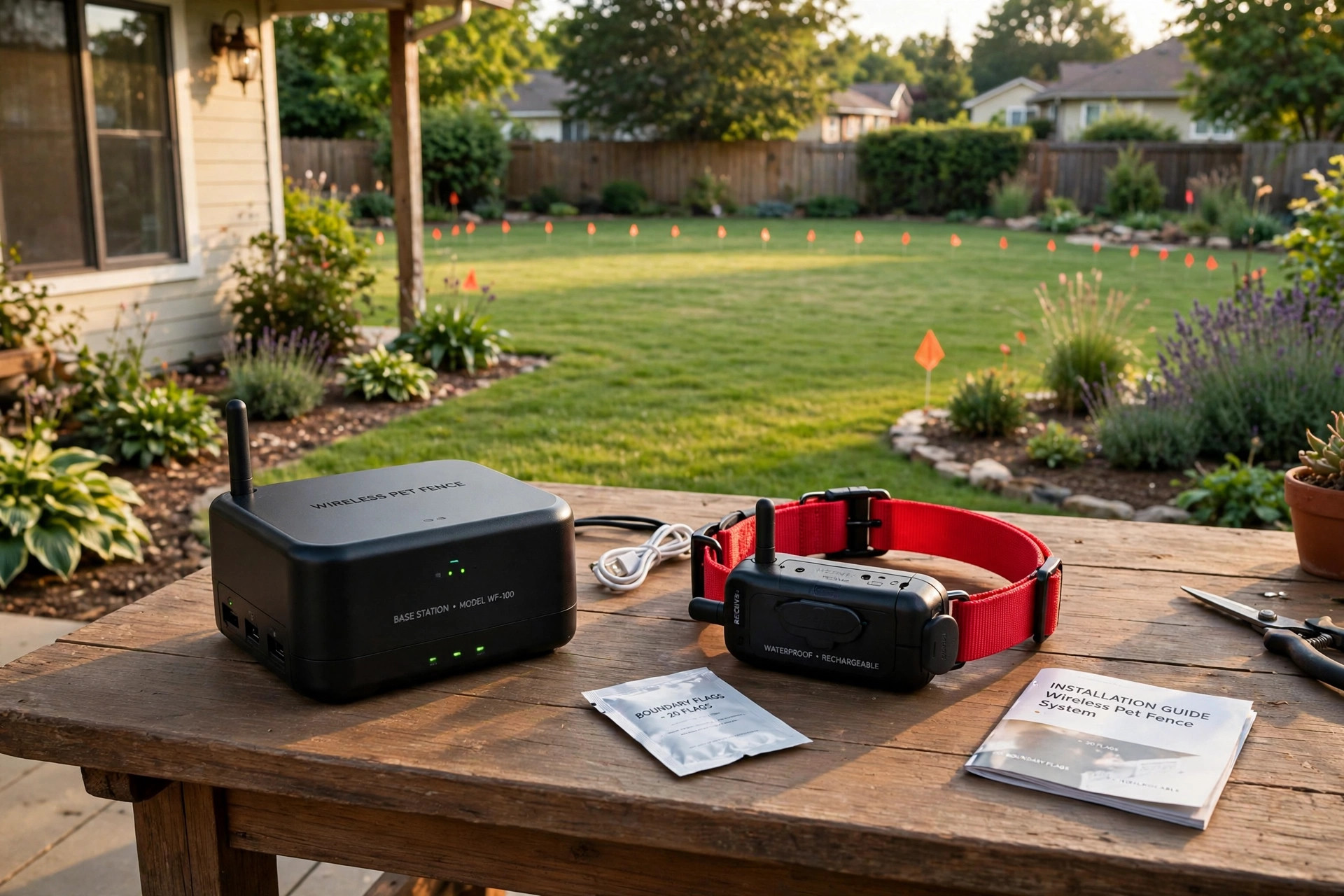 best pet fence wireless for stubborn dogs: Wireless pet fence base station and receiver collar on a porch table with a fenced suburban yard behind it