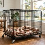 Dog crate with wheels for easy transport in a home