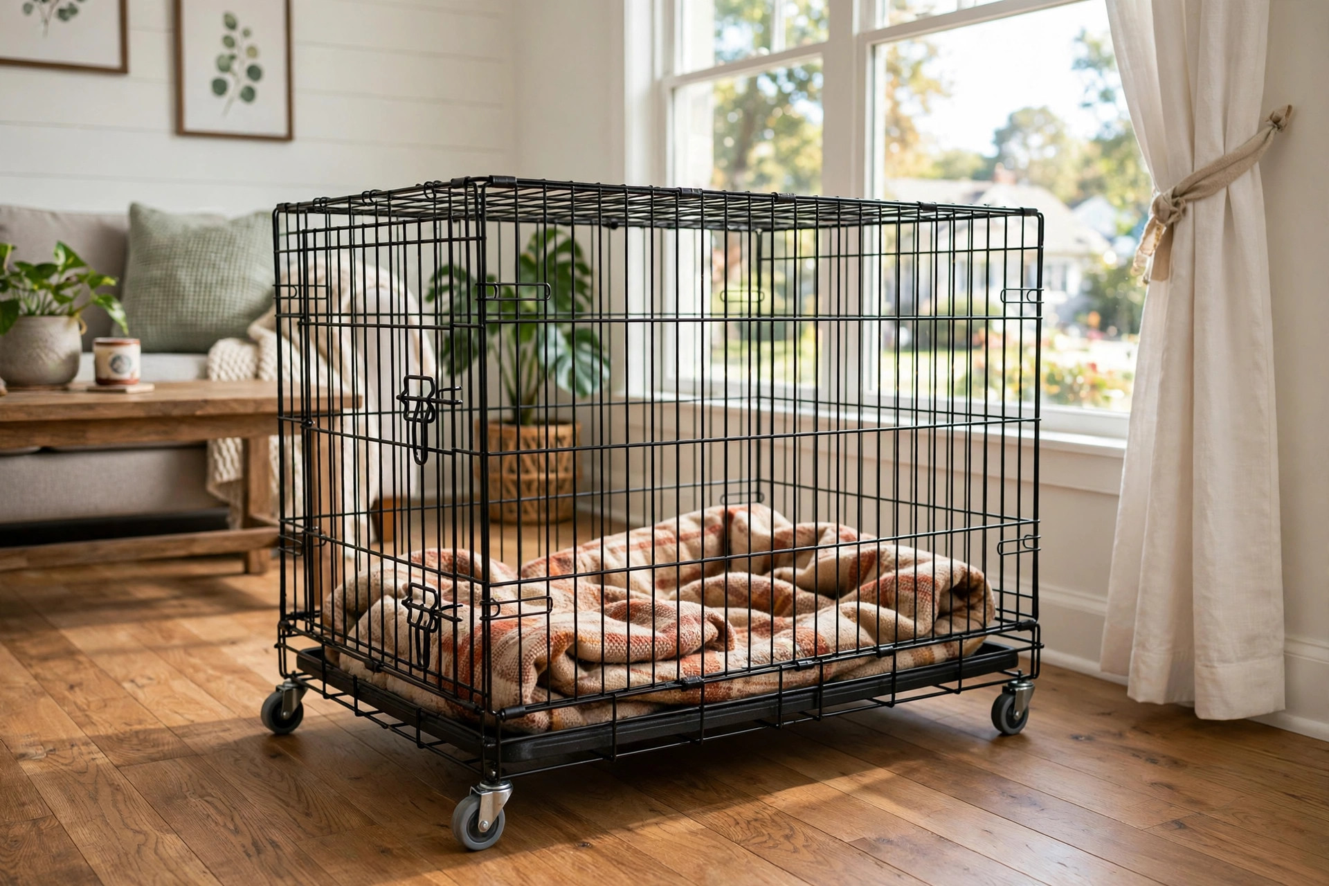 Dog crate with wheels for easy transport in a home