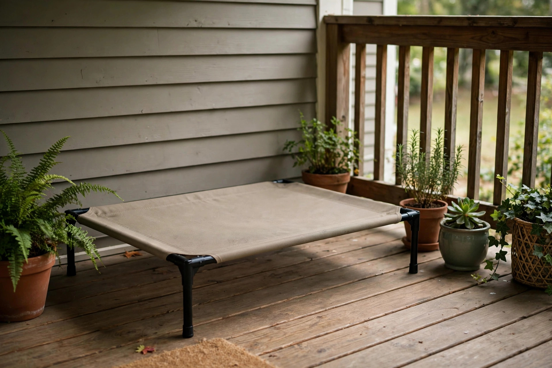The best outdoor pet bed for porch lounging shown on a shaded porch