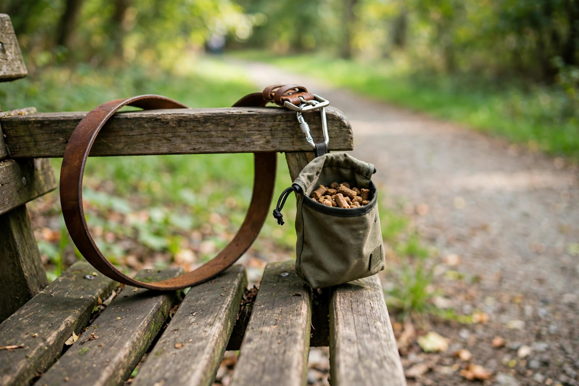 best dog treat pouch for training walks usa: Best dog treat pouch for training walks clipped to a belt on a park trail