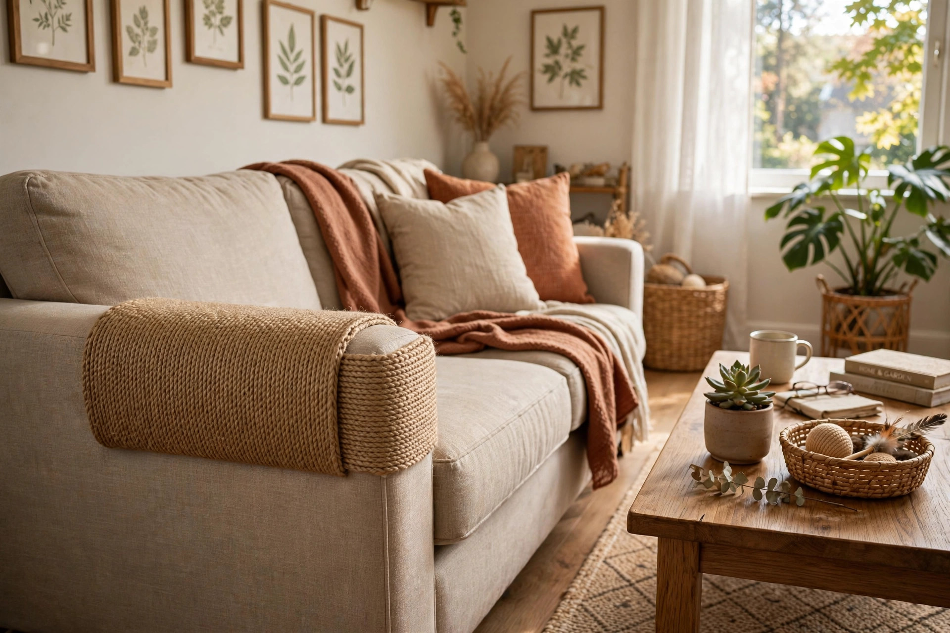 cat scratching pad for couch arm protection: A sisal scratching pad fitted over a sofa arm in an American living room