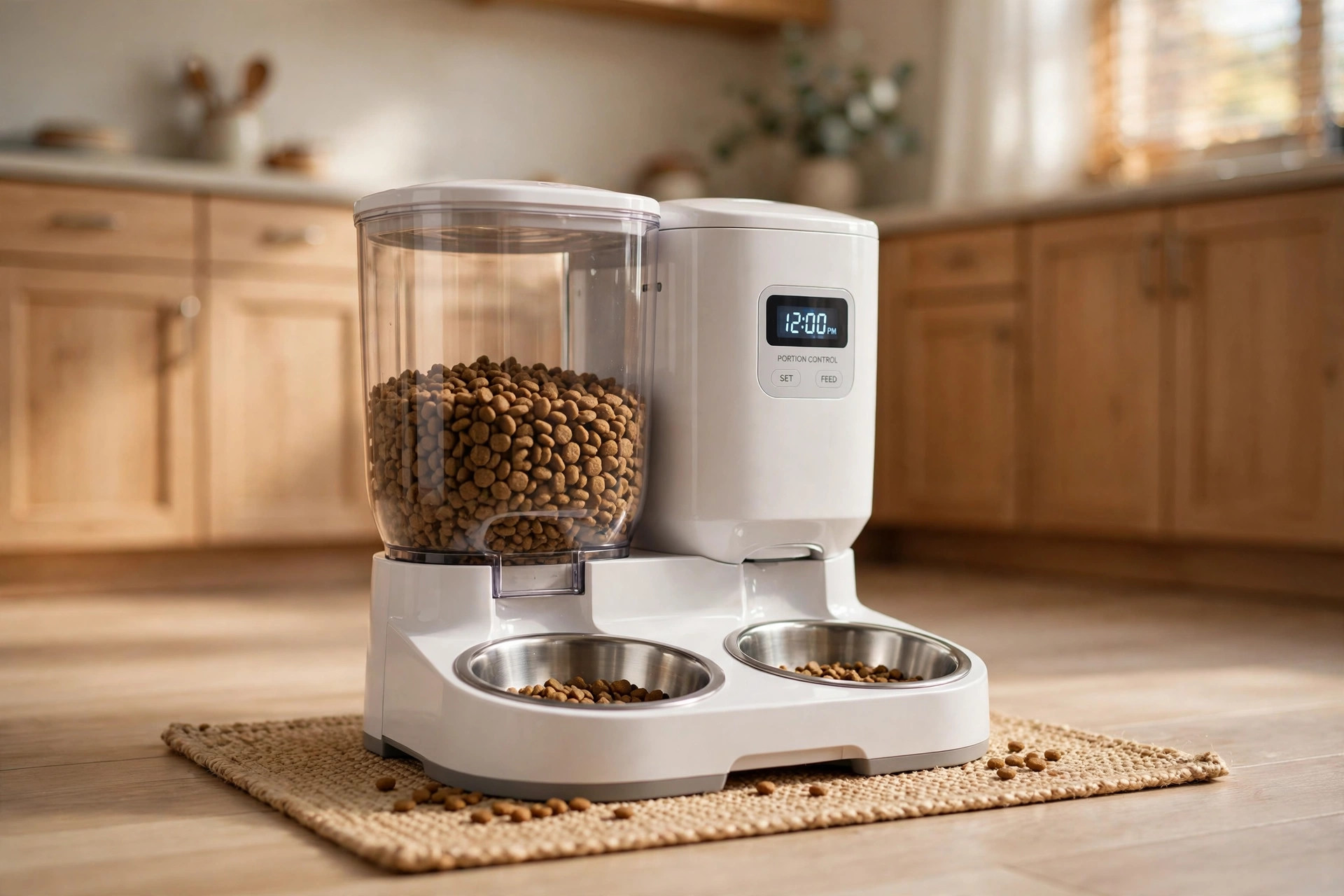 best automatic feeder for two cats portion control: Two-cat automatic feeder with portion control in a bright American kitchen