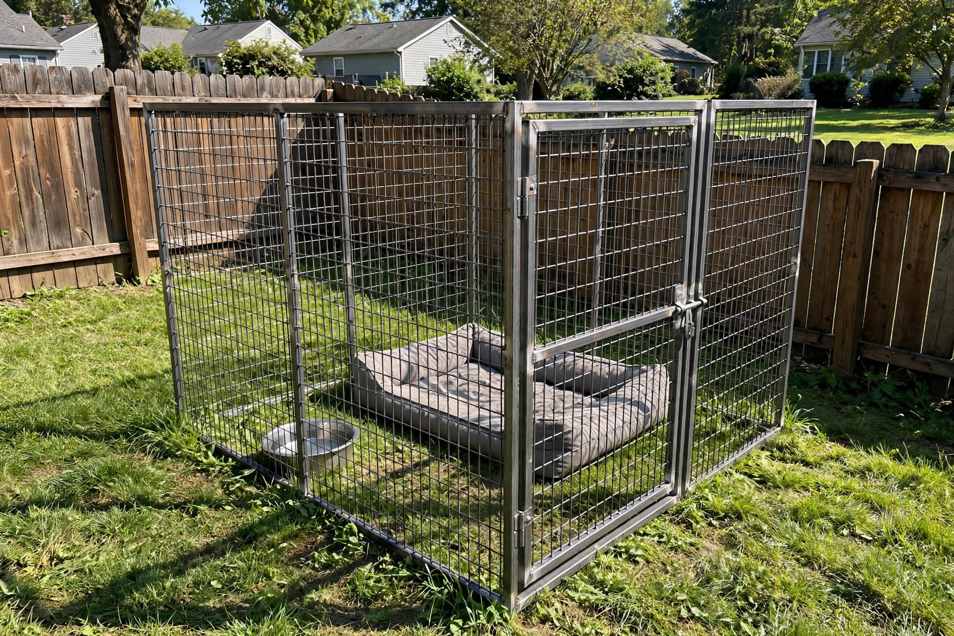 Outdoor dog kennel with welded wire panels in a backyard