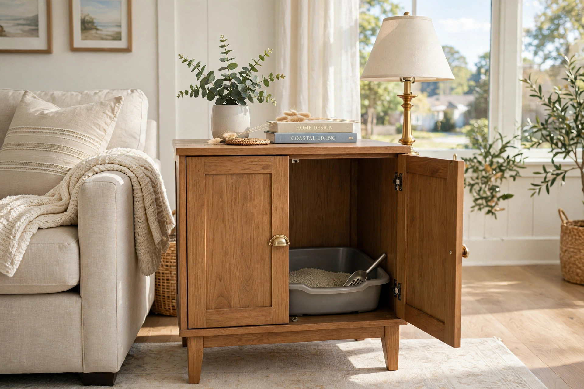 Best cat litter box cabinet for hiding litter in a bright living room