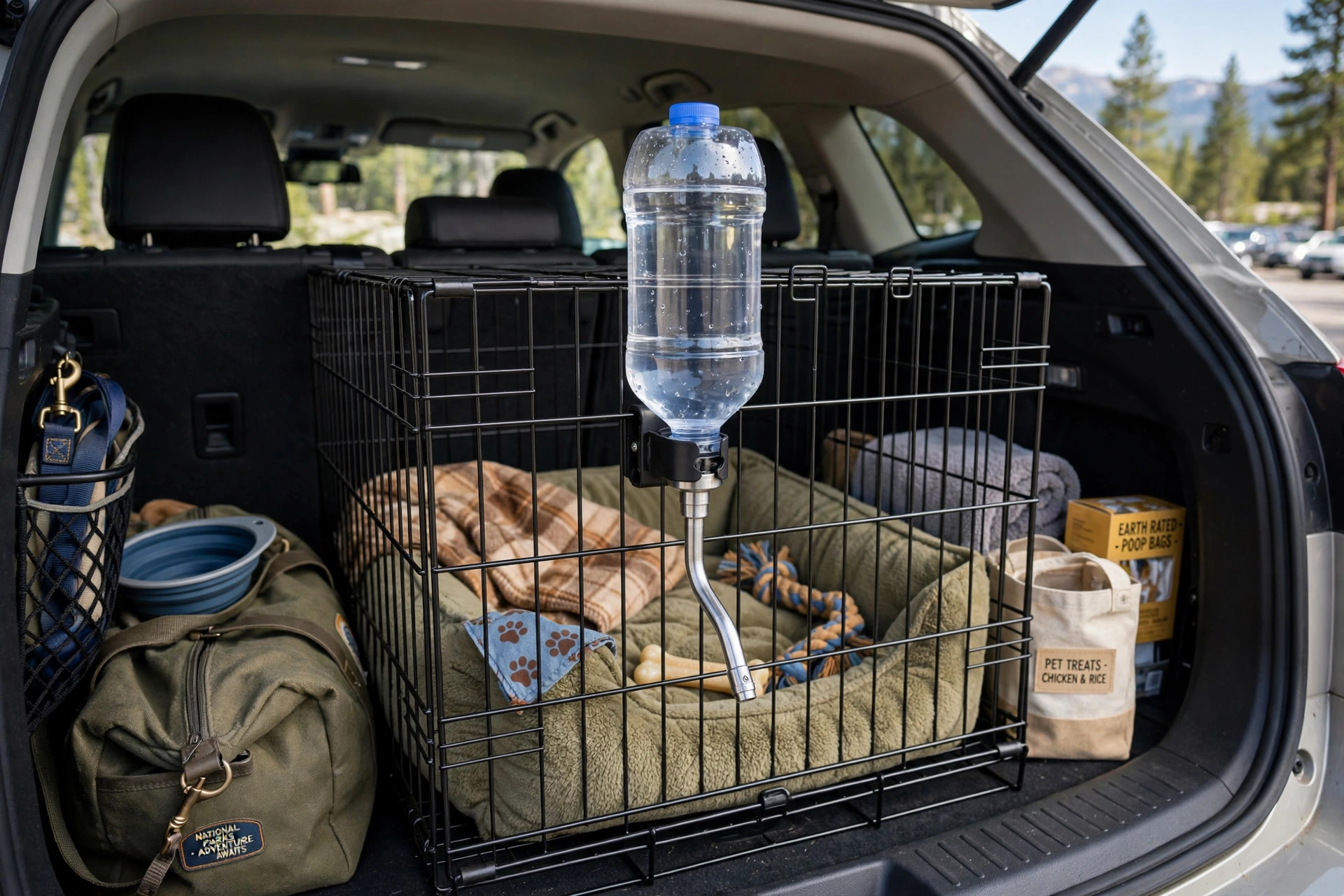 Dog water dispenser for crate attachment travel mounted on a crate door