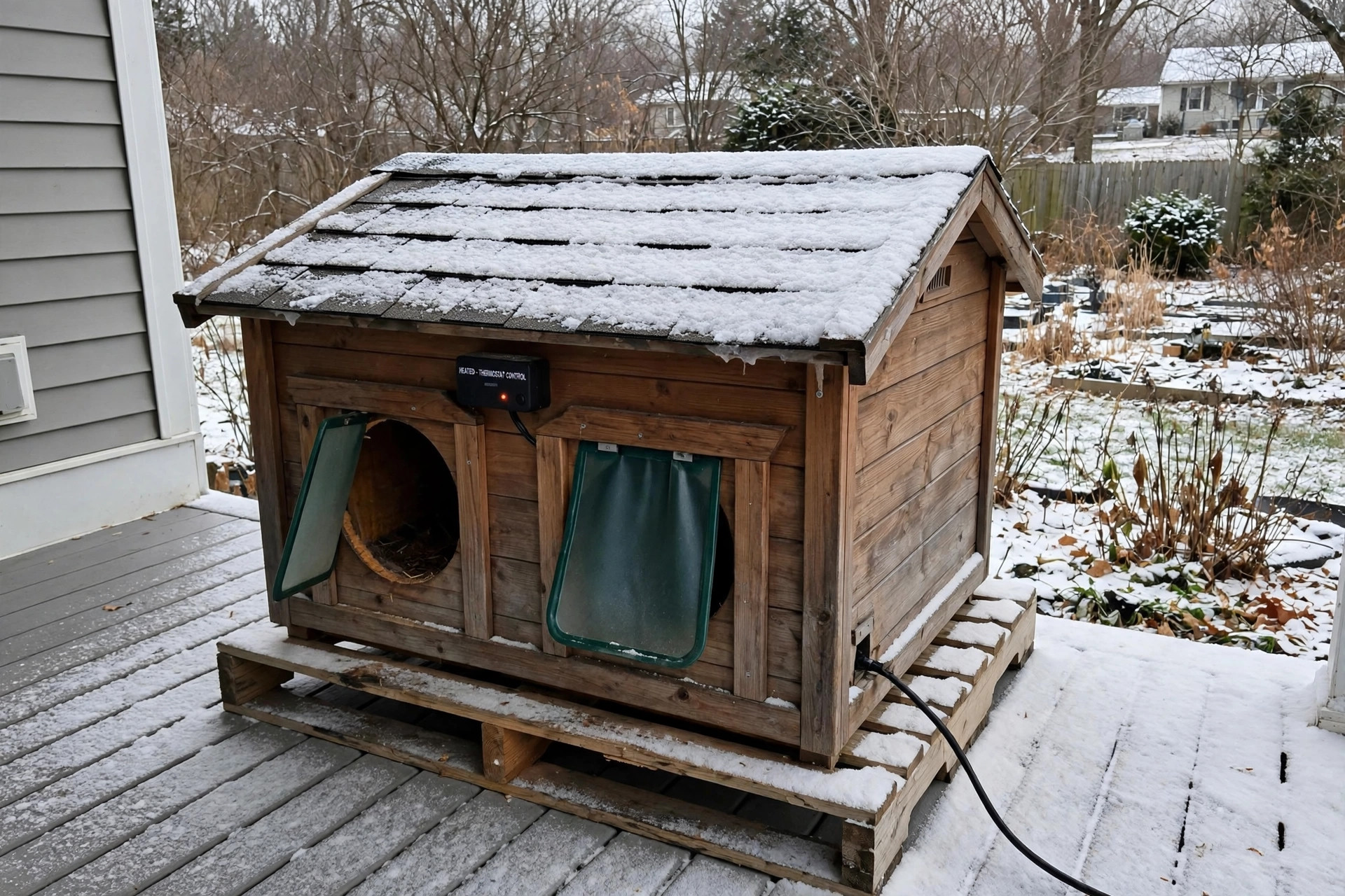 A heated outdoor cat house for multiple cats on a snowy porch