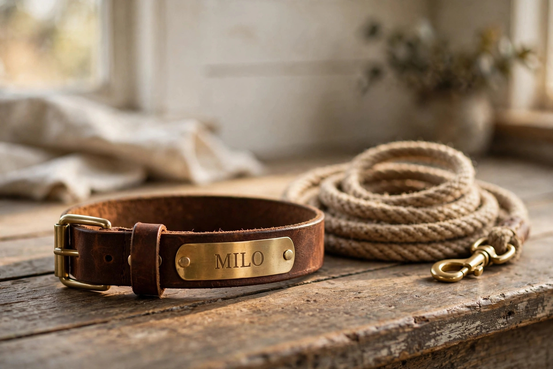 best dog collar with nameplate engraved usa: Engraved nameplate dog collar lying on a wooden table
