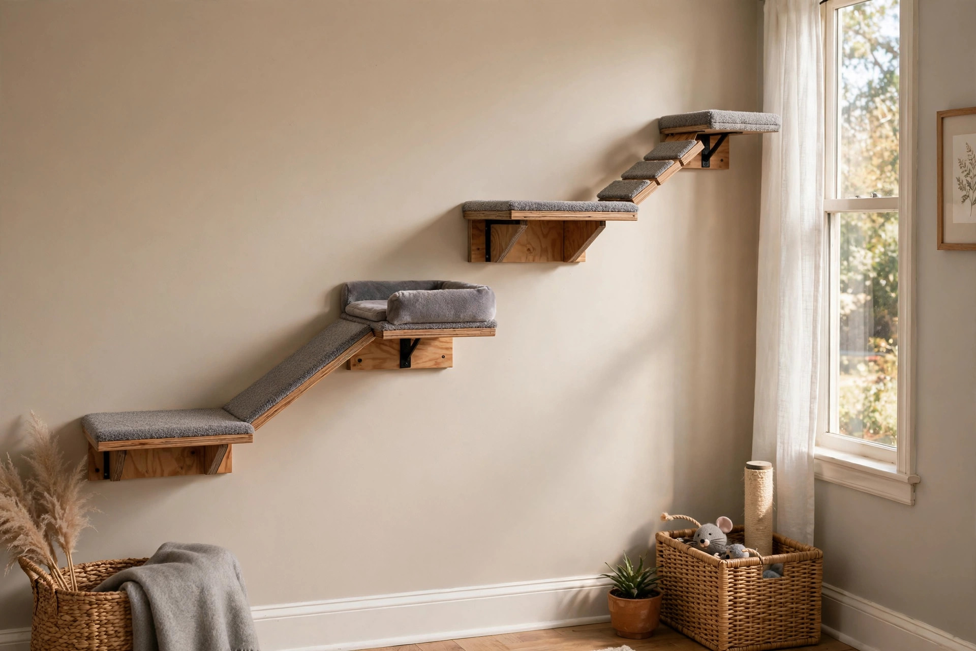 Cat climbing wall shelves for vertical space in a living room