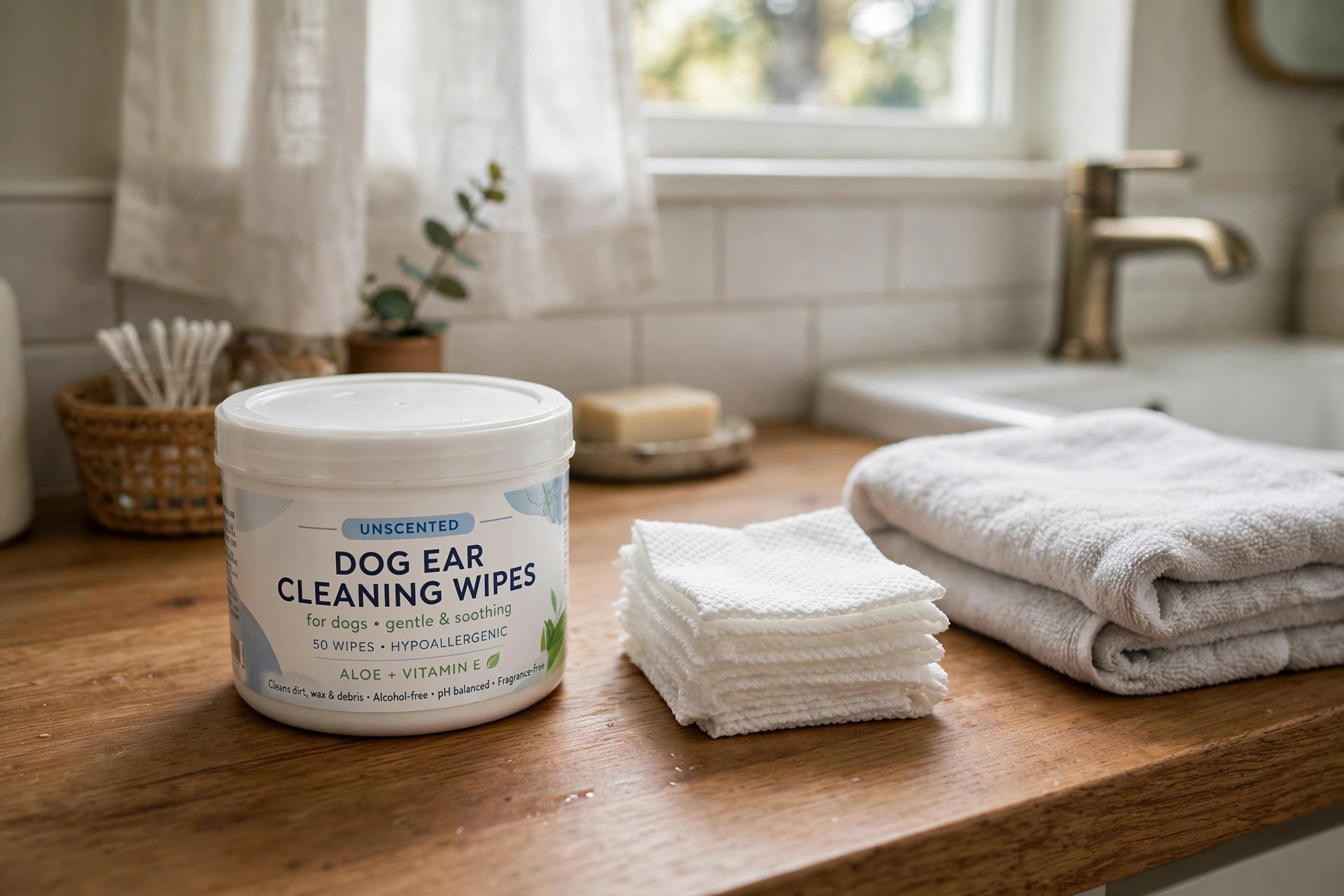 best dog ear wipes for weekly cleaning routine: Dog ear wipes for a weekly ear cleaning routine on a wooden table