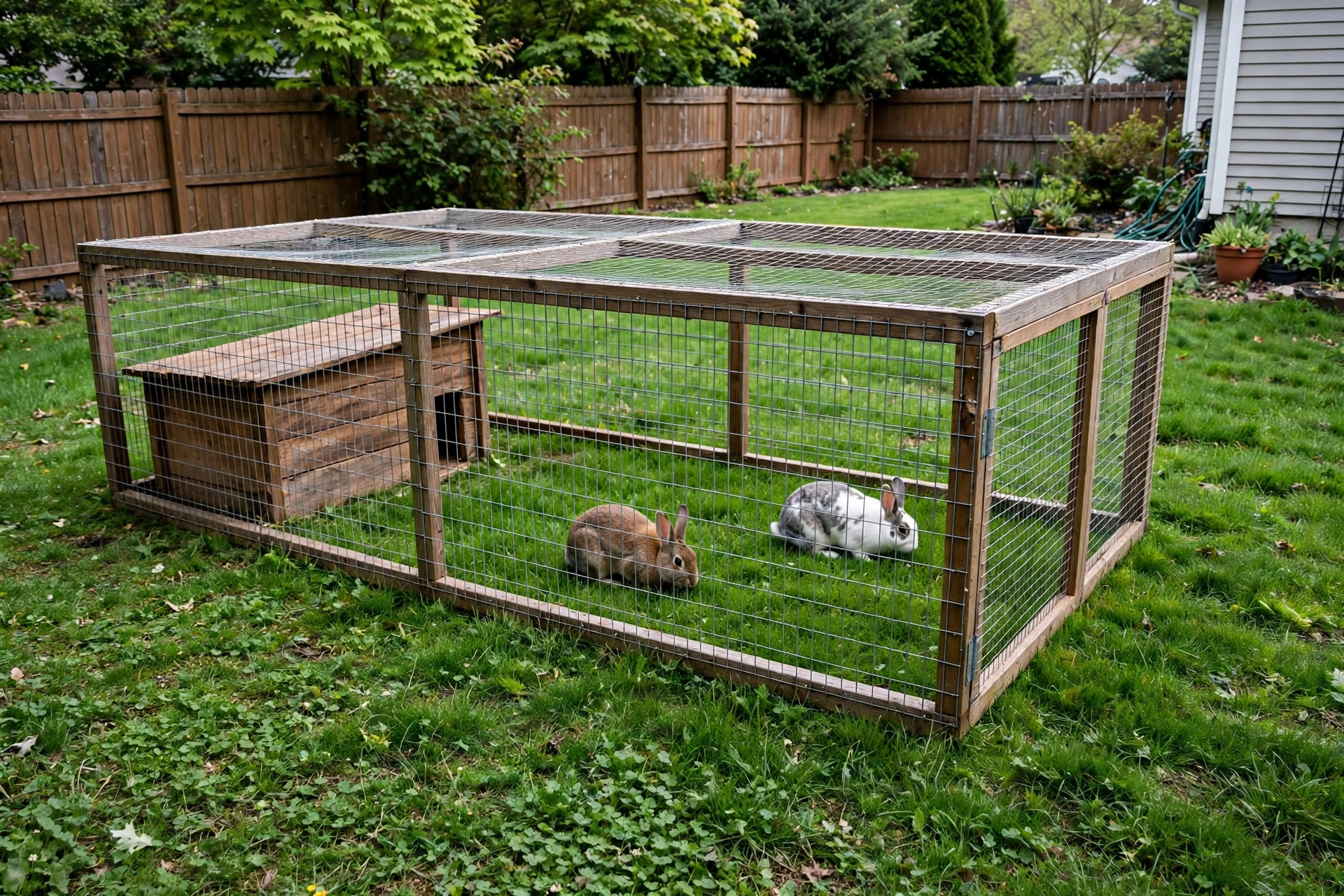 Rabbit pen on a green lawn showing outdoor rabbit run for grass grazing safety