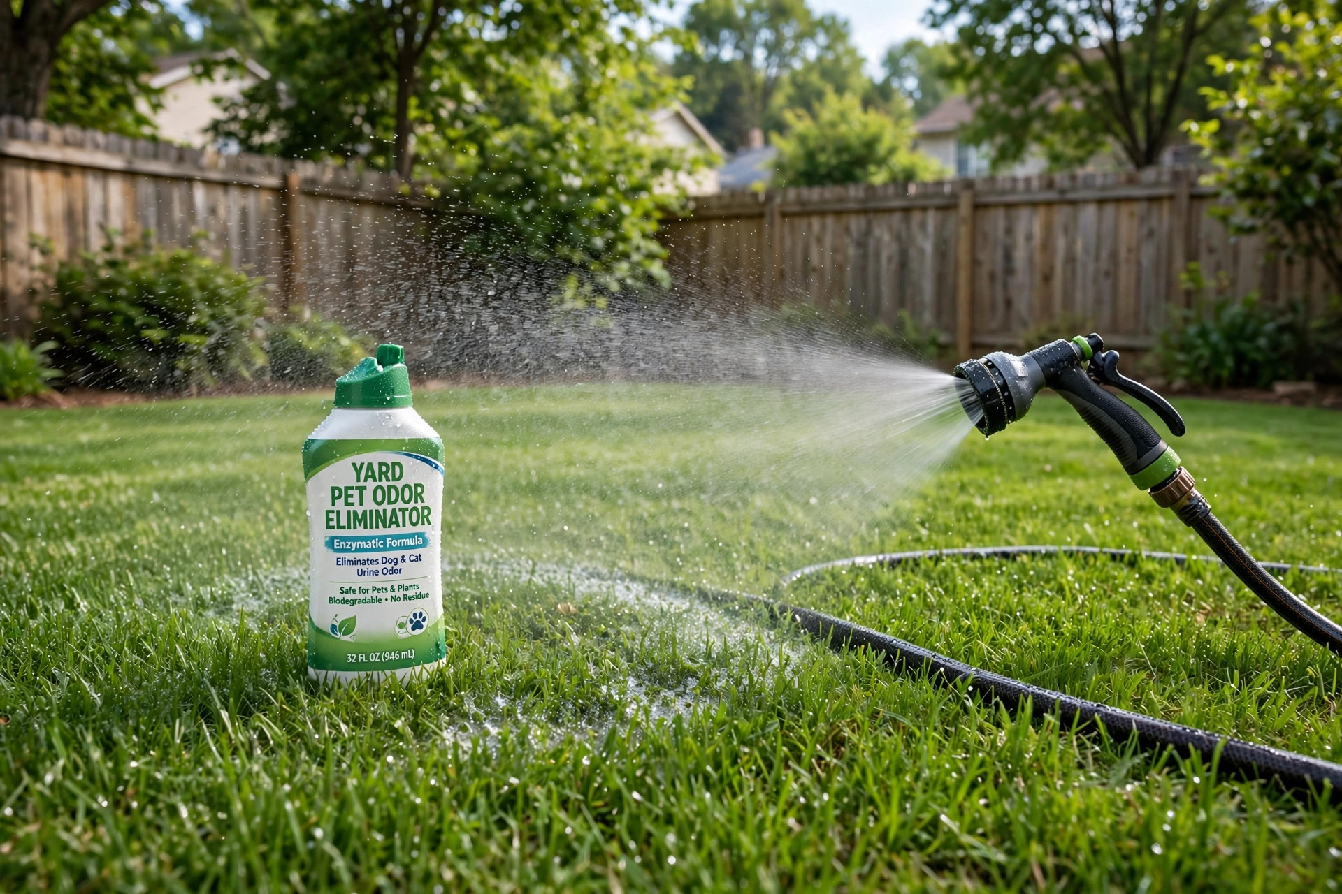 Best pet odor eliminator for yard and grass applied to a green lawn