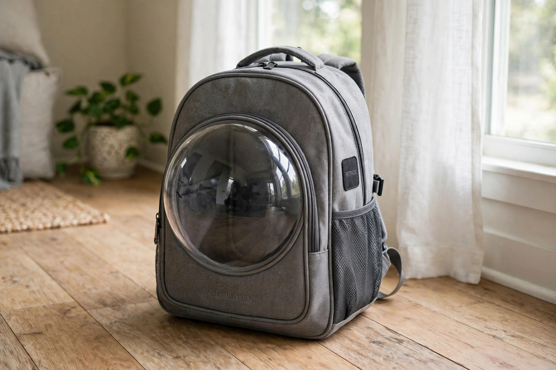 best cat carrier backpack with bubble window: Gray cat carrier backpack with a clear bubble window on a living room floor