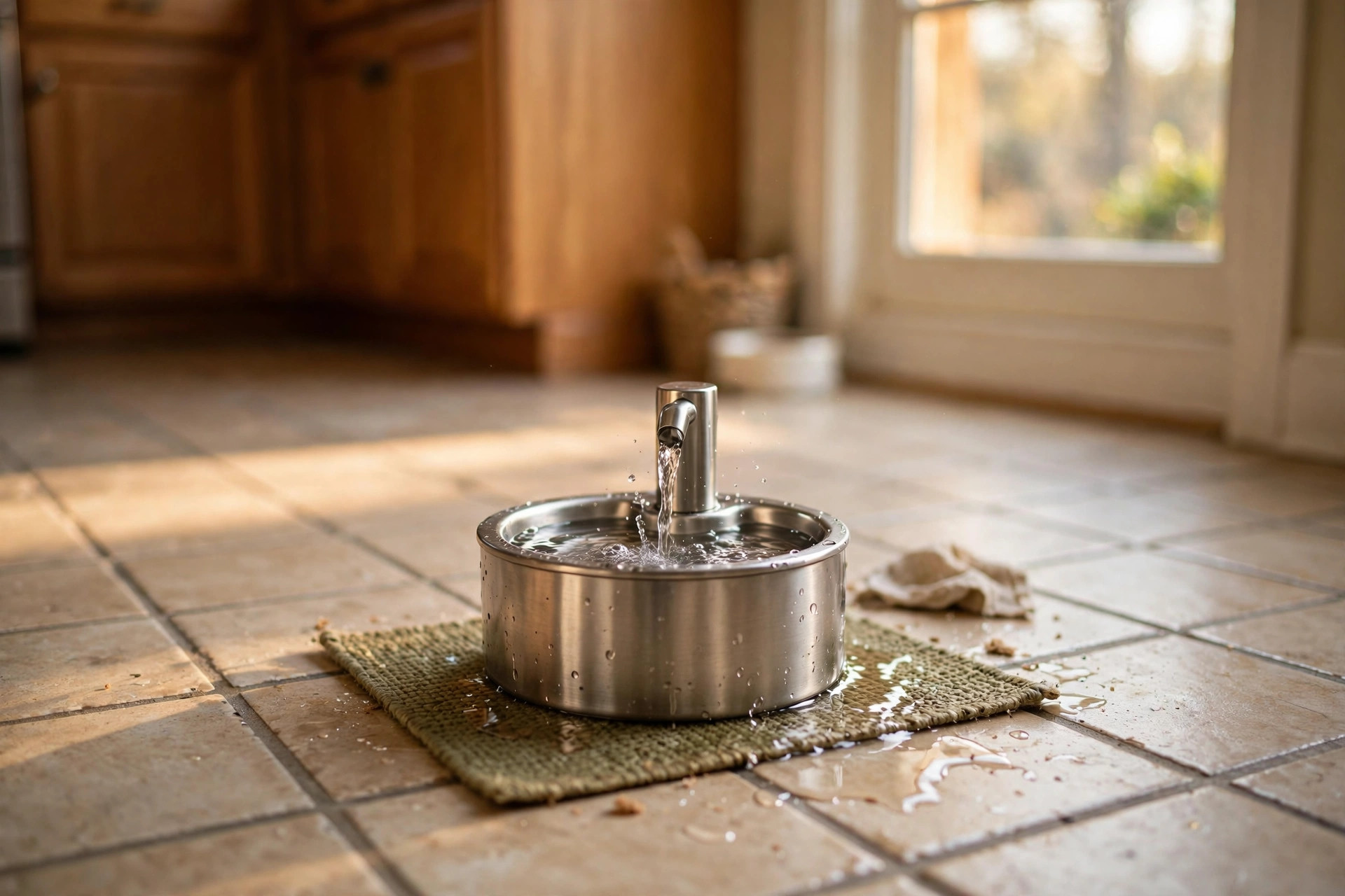 Pet water fountain for small dogs and cats in a kitchen