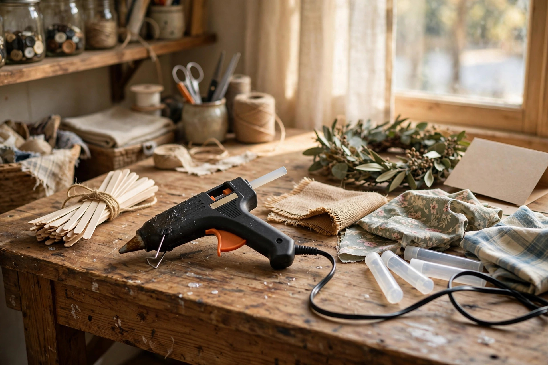 A hot glue gun resting on a wooden craft table beside craft supplies, part of a guide to the best hot glue gun for craft projects home