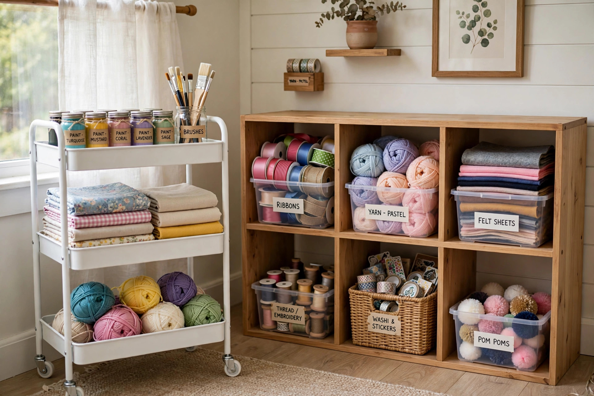 best craft storage organizer for small rooms: A tidy rolling craft storage organizer with clear bins in a small American home craft corner