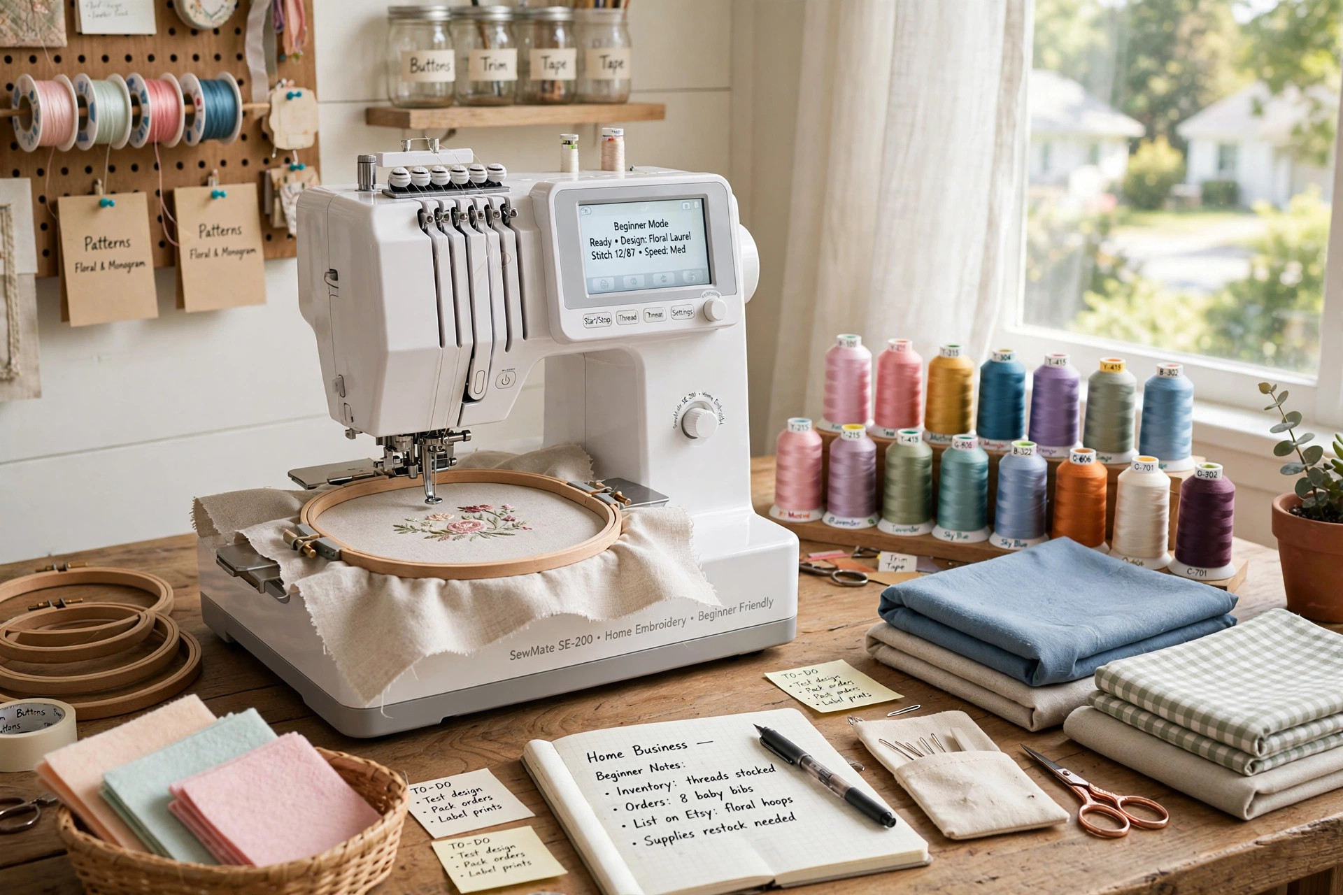 Embroidery machine for home business beginners in a home craft room