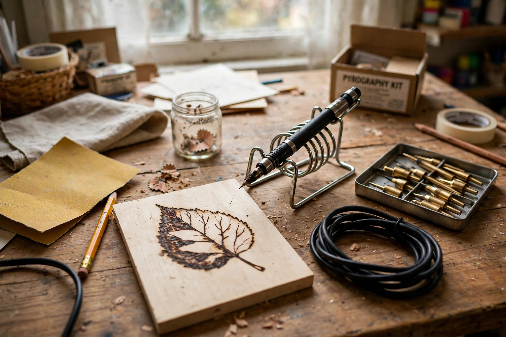 best wood burning kit for diy crafts: Wood burning kit with pen and tips beside a finished craft board