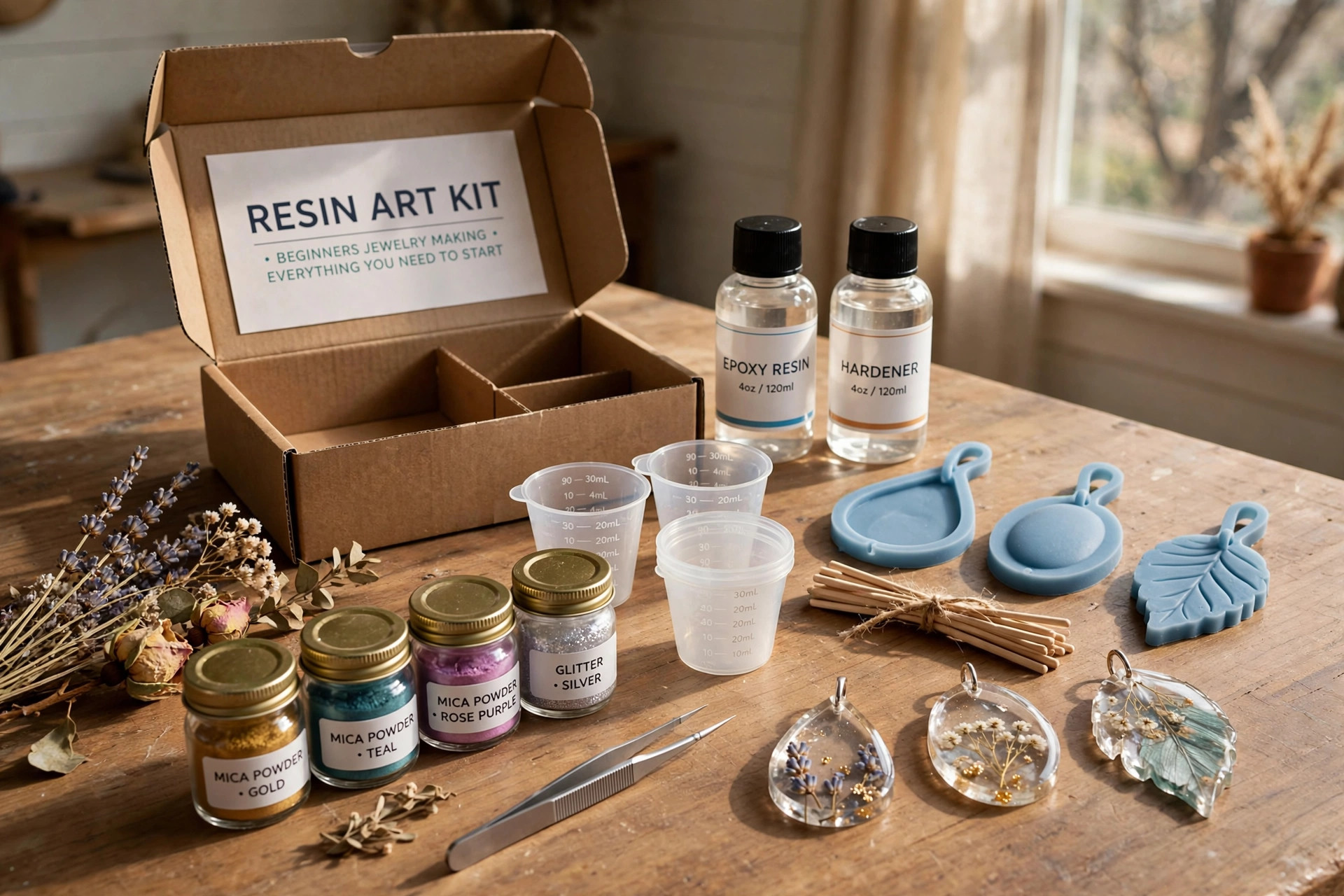 Resin art kit for beginners jewelry making supplies on a craft table