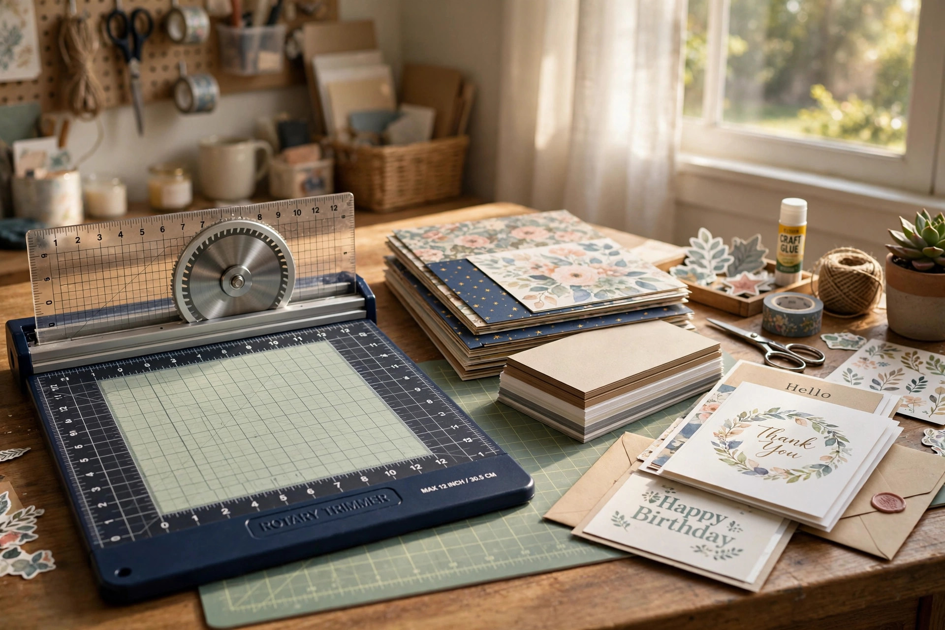 Best paper cutter for scrapbooking and cards on a home craft table