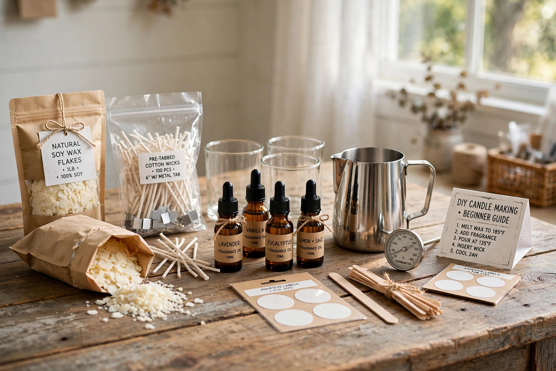 DIY candle making kit for beginners USA arranged on a wooden table