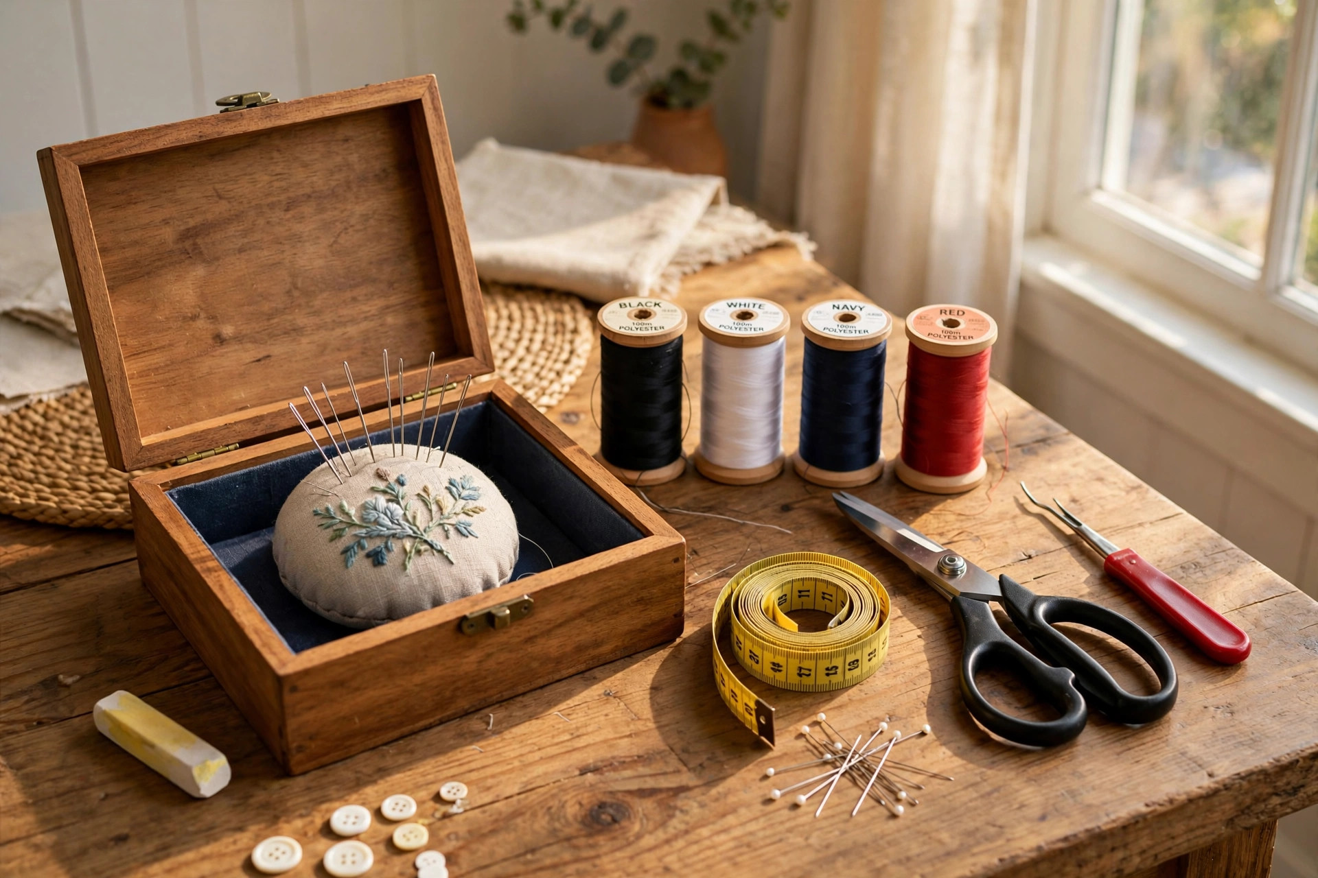 best sewing kit for beginners adults crafts: Sewing kit supplies arranged on a wooden craft table
