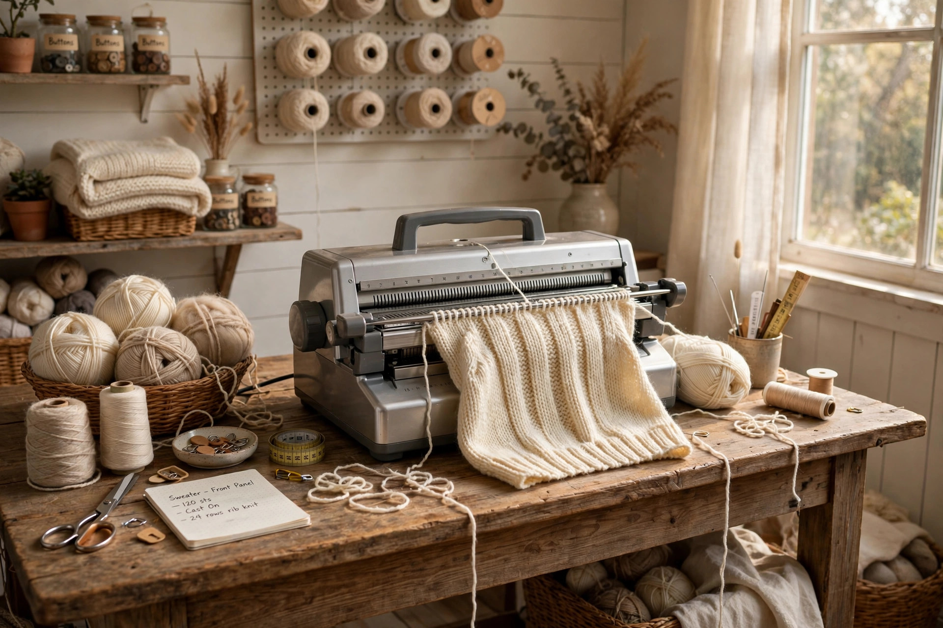 Knitting machine for home sweater making on a craft table