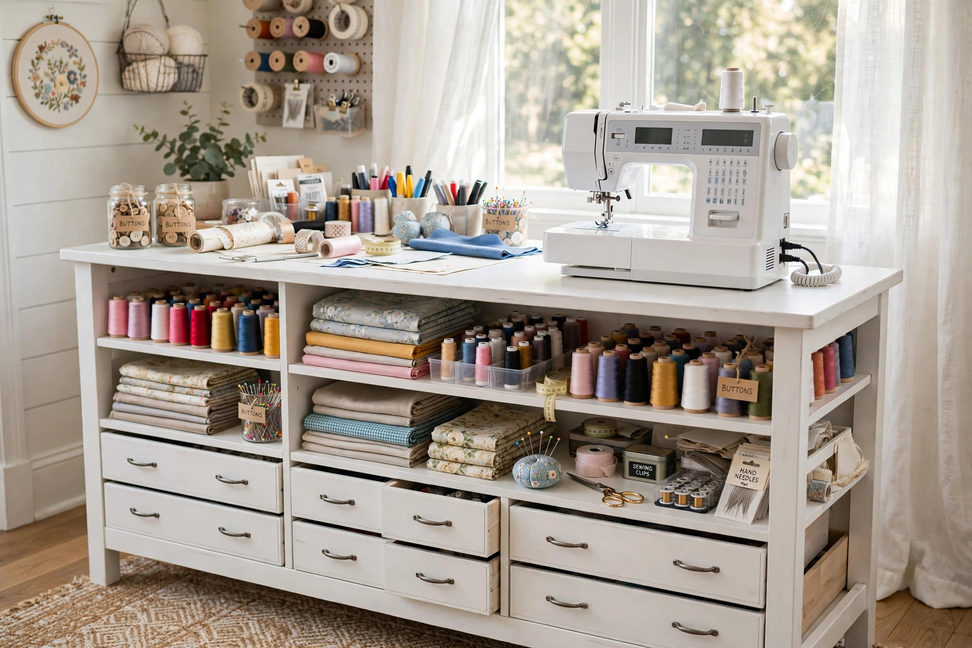 best craft table with storage for sewing room: A craft table with storage drawers in a tidy home sewing room