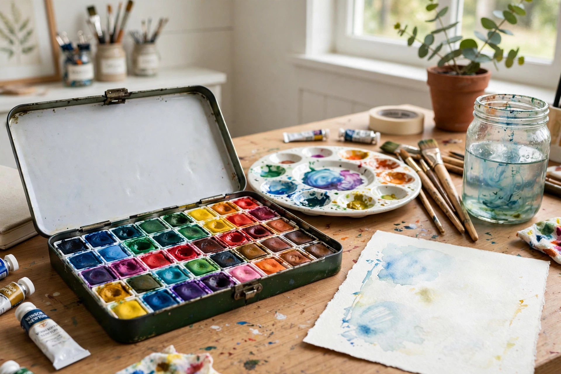 Watercolor paint set professional for artists home arranged in a tin box on a desk