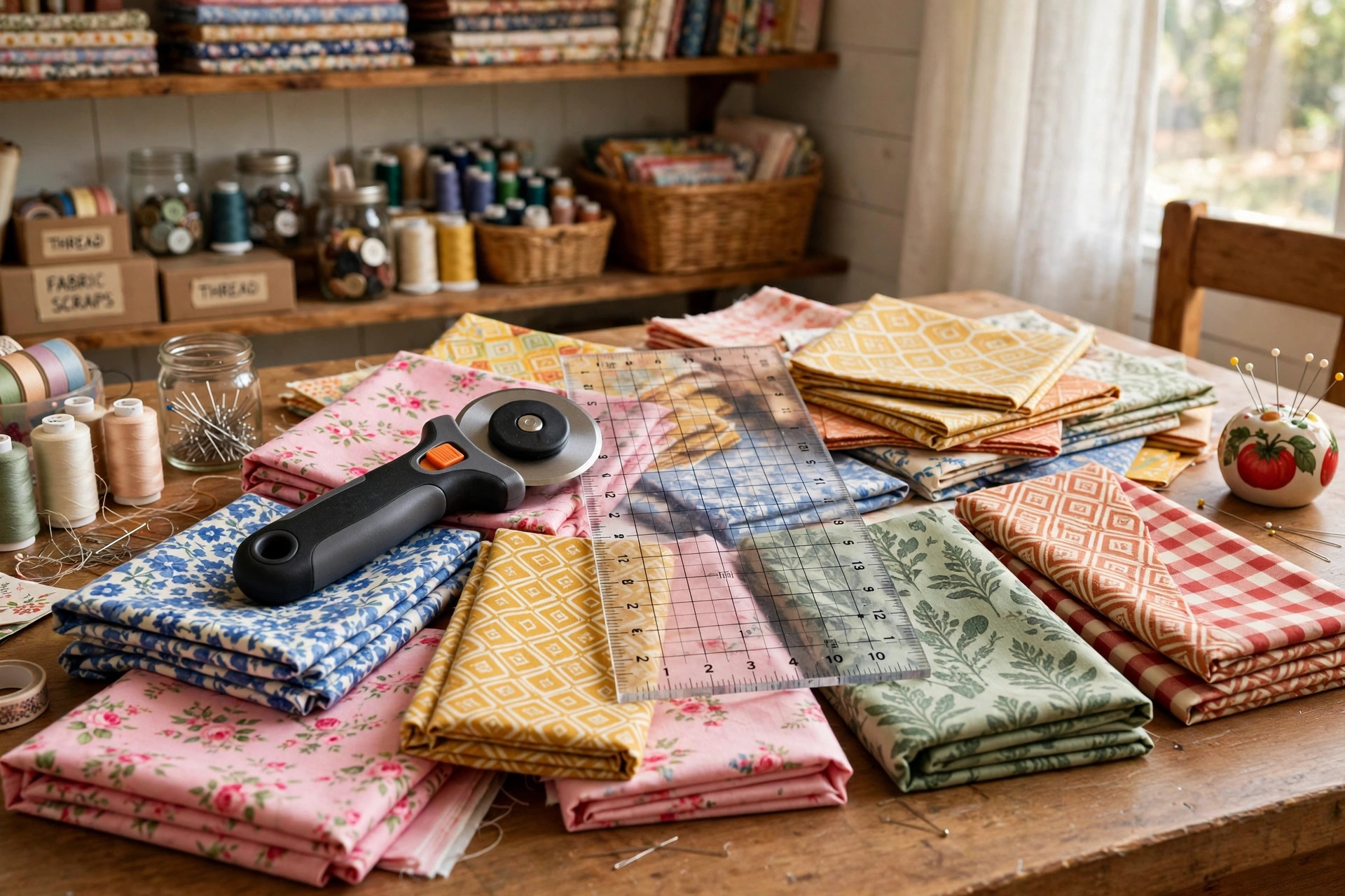 best rotary cutter for quilting fabric crafts: Rotary cutter and quilting ruler on colorful fabric pieces in a craft room