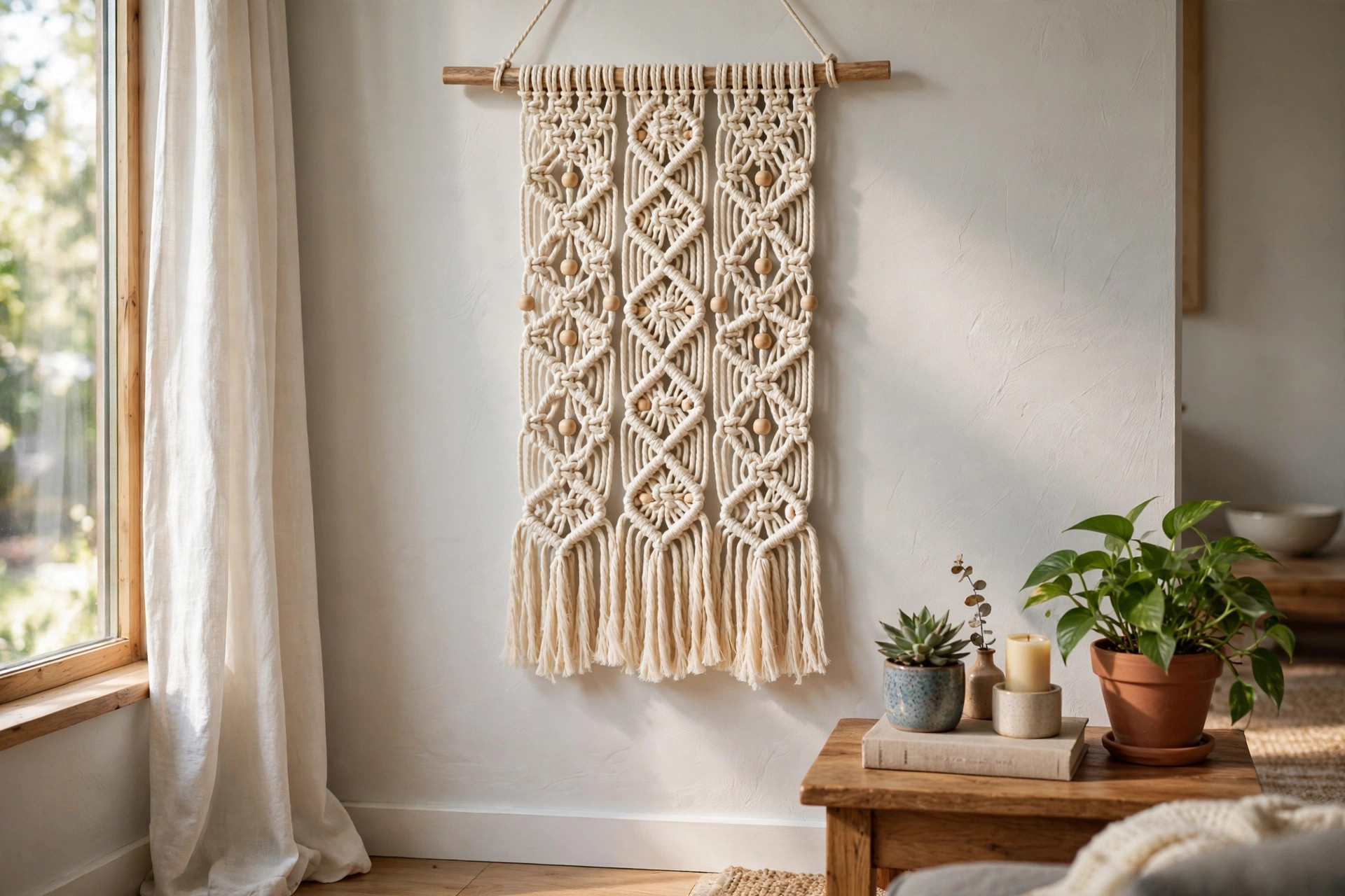 A macrame wall hanging made with a macrame cord kit for wall hanging diy