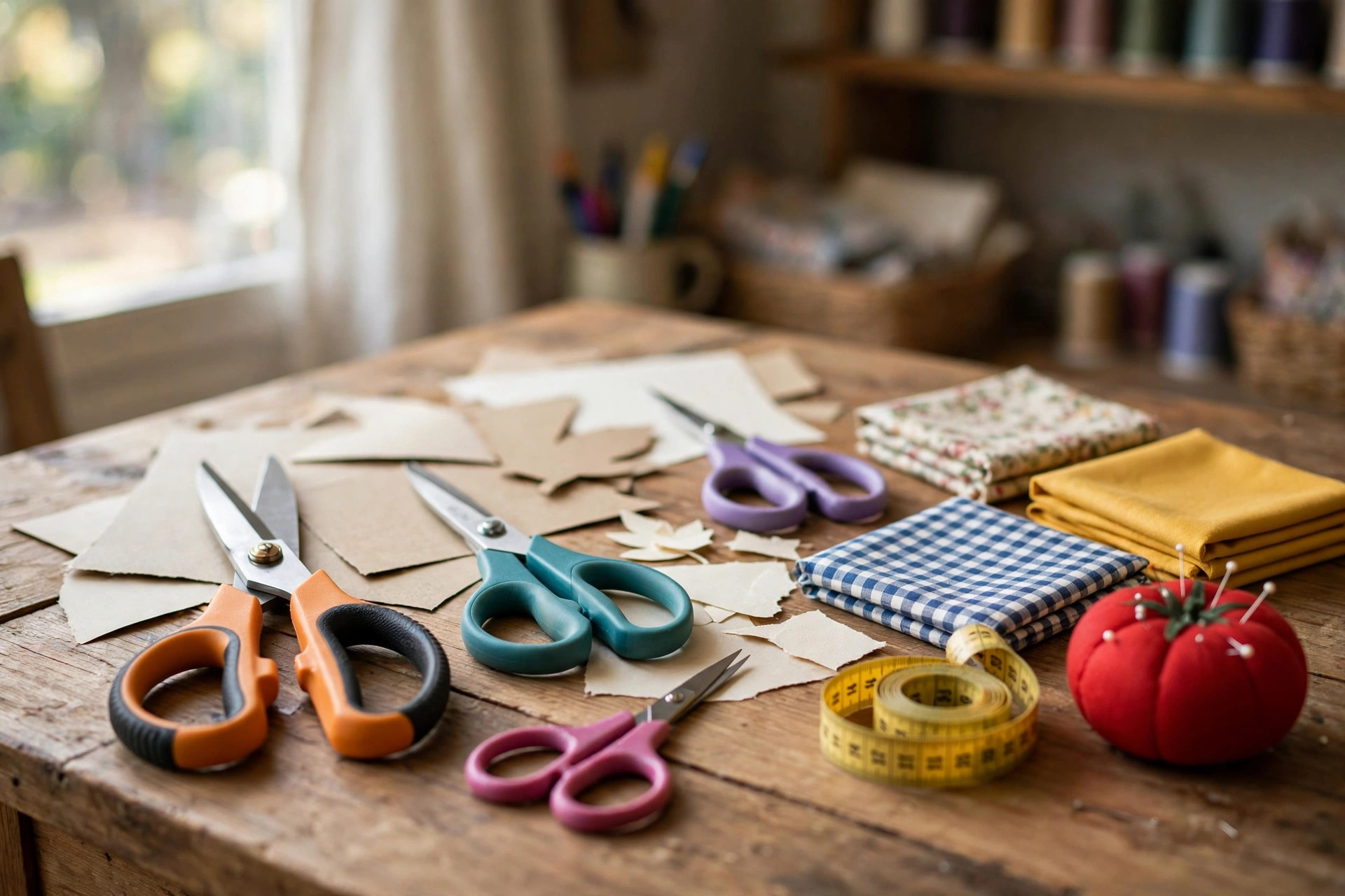 best craft scissors set for paper and fabric: Craft scissors set for paper and fabric on a wooden craft table